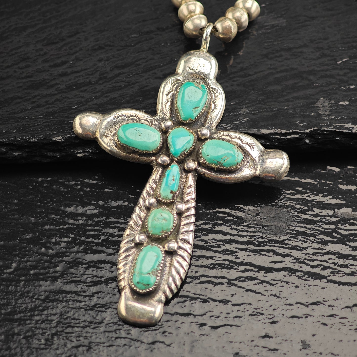 Vintage Zuni, Native American Sterling Silver Turquoise Cross, Beaded Necklace N2696