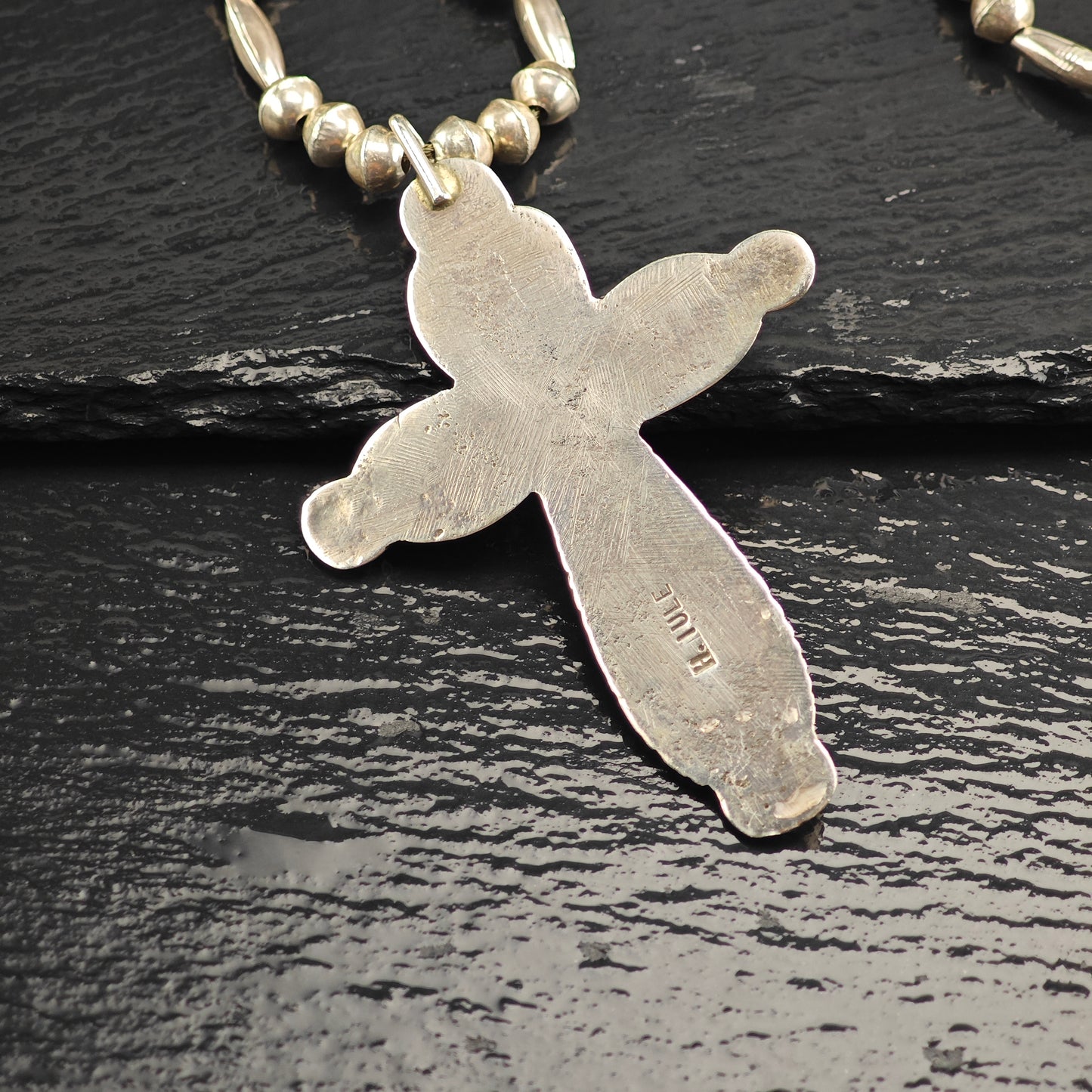 Vintage Zuni, Native American Sterling Silver Turquoise Cross, Beaded Necklace N2696