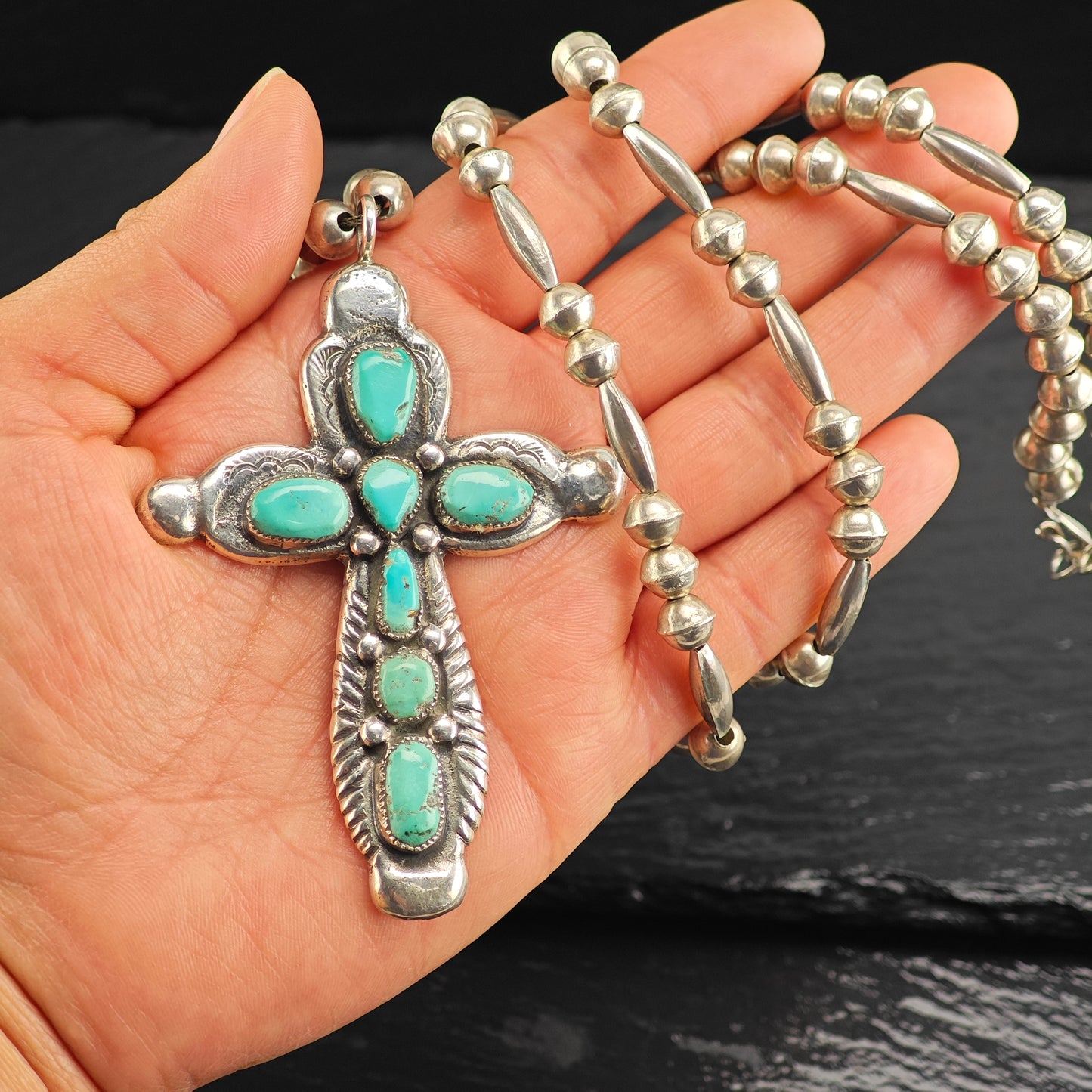 Vintage Zuni, Native American Sterling Silver Turquoise Cross, Beaded Necklace N2696