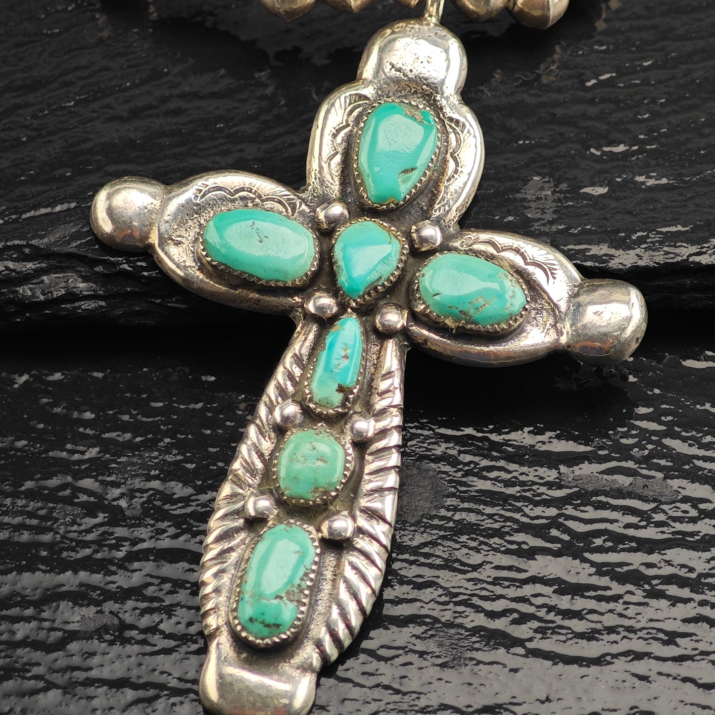 Vintage Zuni, Native American Sterling Silver Turquoise Cross, Beaded Necklace N2696