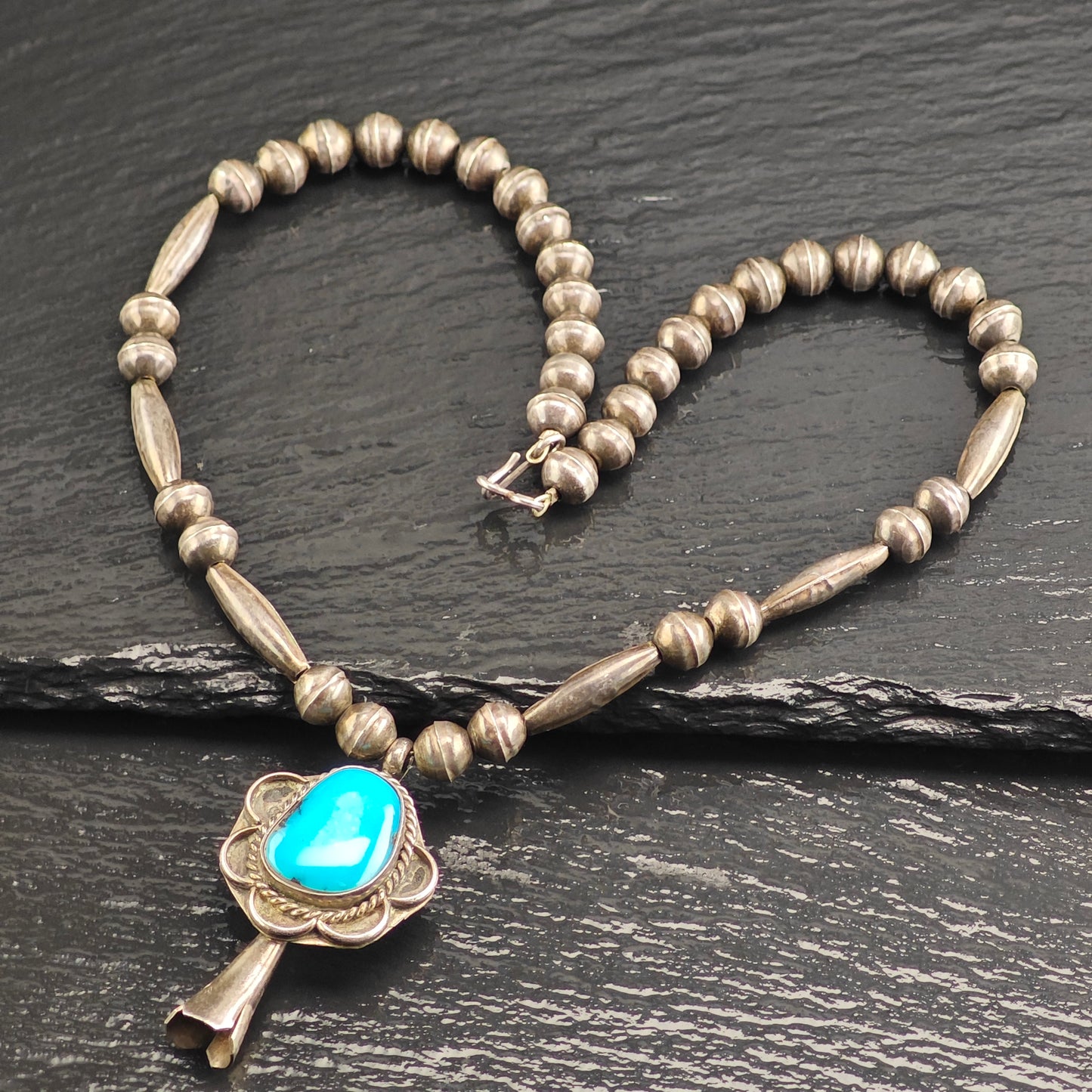 Vintage Native American, Sterling Silver Turquoise, Blossom Pendant, Beaded Necklace N2670