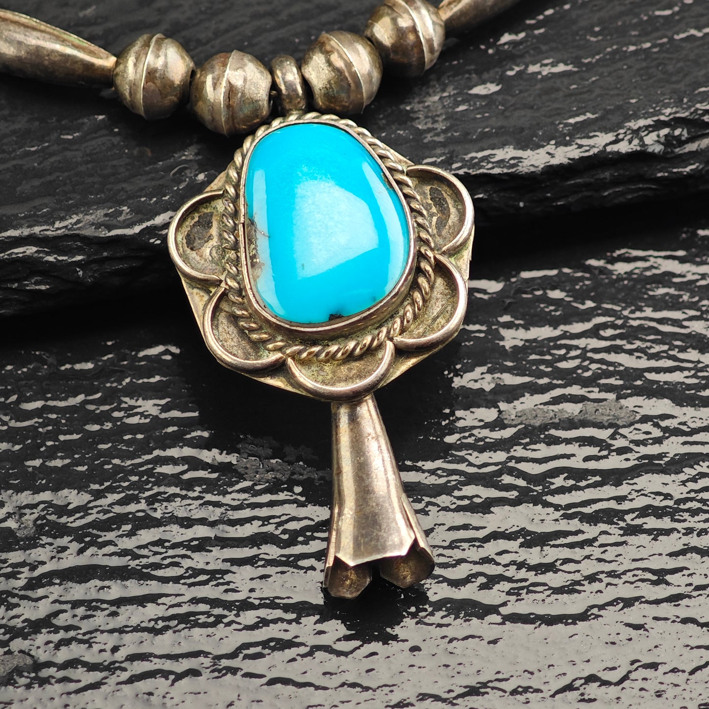 Vintage Native American, Sterling Silver Turquoise, Blossom Pendant, Beaded Necklace N2670