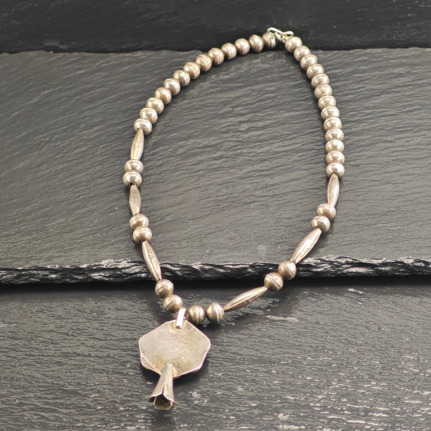 Vintage Native American, Sterling Silver Turquoise, Blossom Pendant, Beaded Necklace N2670