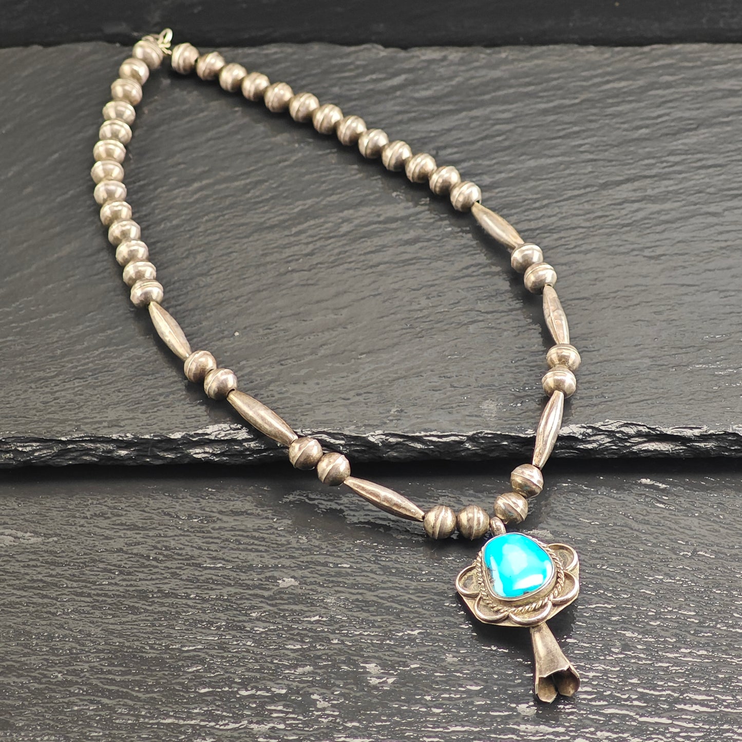 Vintage Native American, Sterling Silver Turquoise, Blossom Pendant, Beaded Necklace N2670
