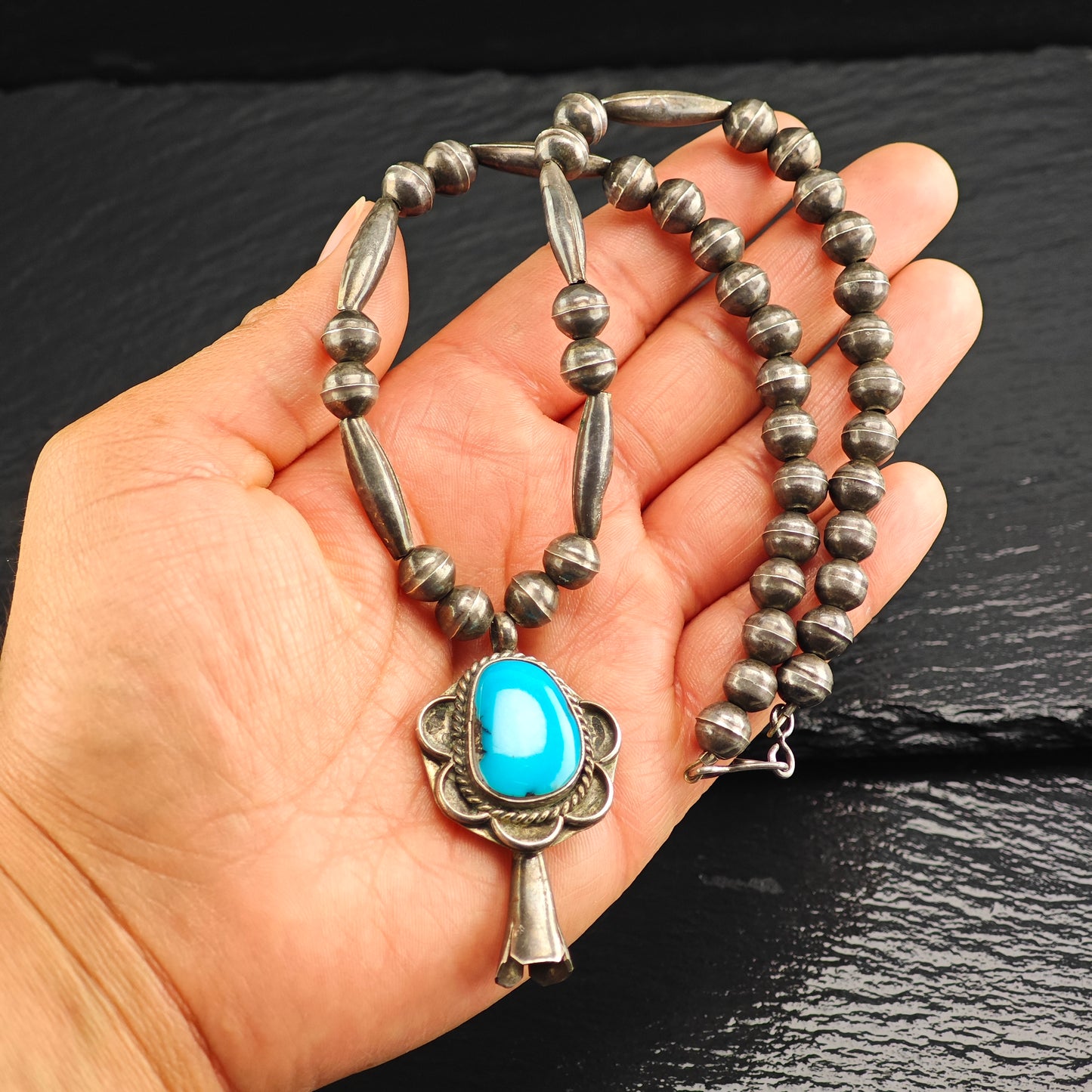 Vintage Native American, Sterling Silver Turquoise, Blossom Pendant, Beaded Necklace N2670