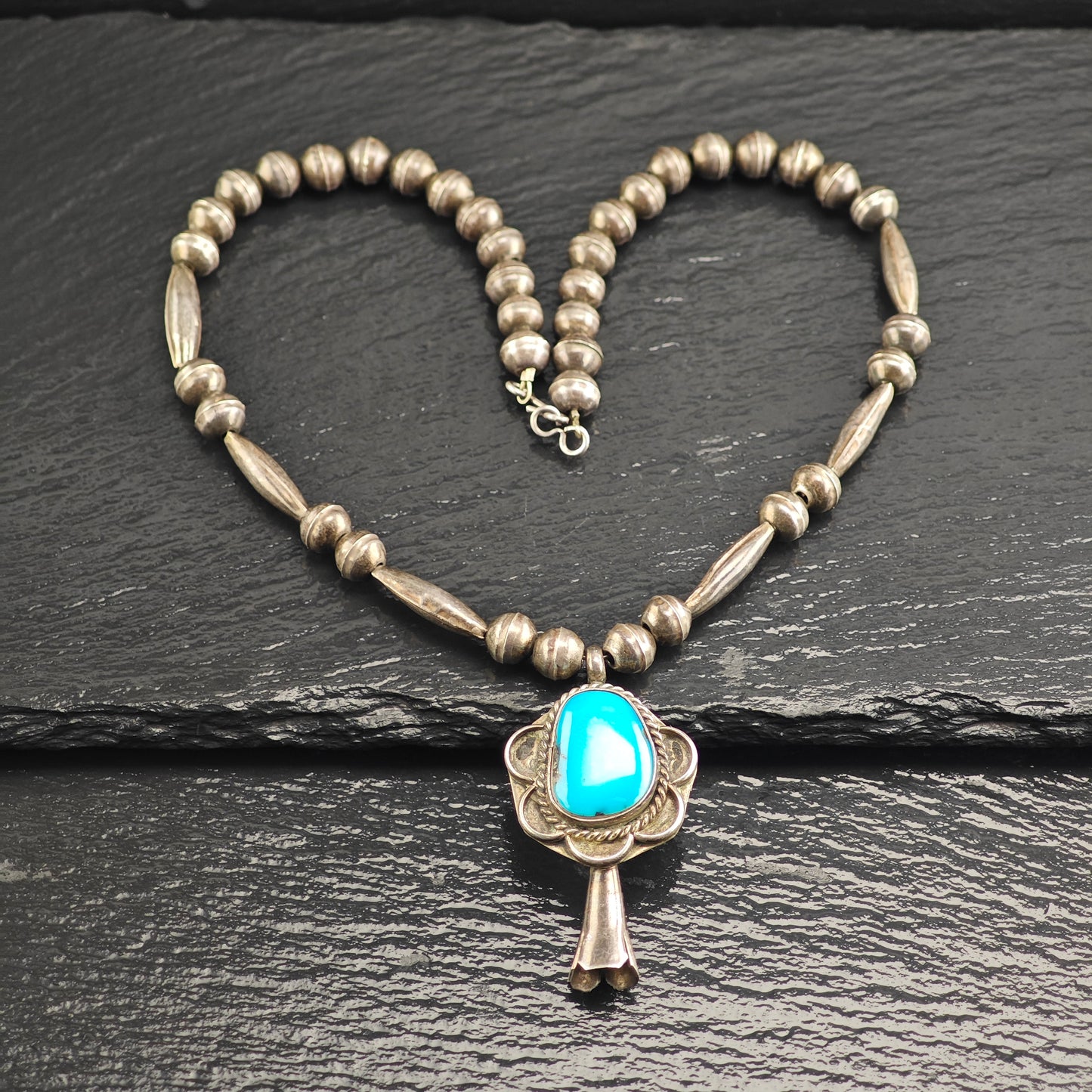 Vintage Native American, Sterling Silver Turquoise, Blossom Pendant, Beaded Necklace N2670