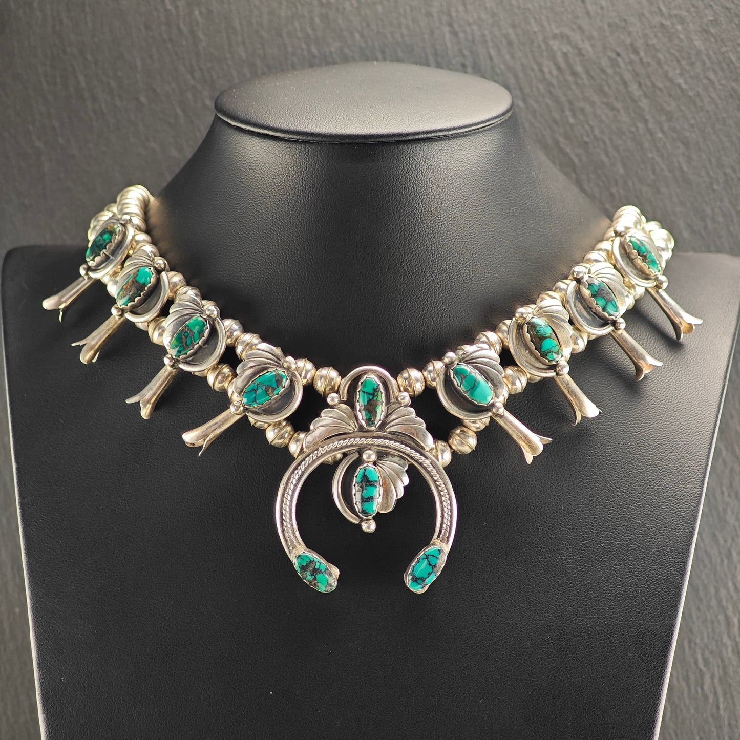 Vintage Native American, Turquoise, Floral, Sterling Silver Squash Blossom Necklace  N2694