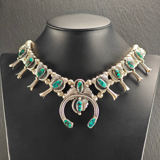 Vintage Native American, Turquoise, Floral, Sterling Silver Squash Blossom Necklace  N2694