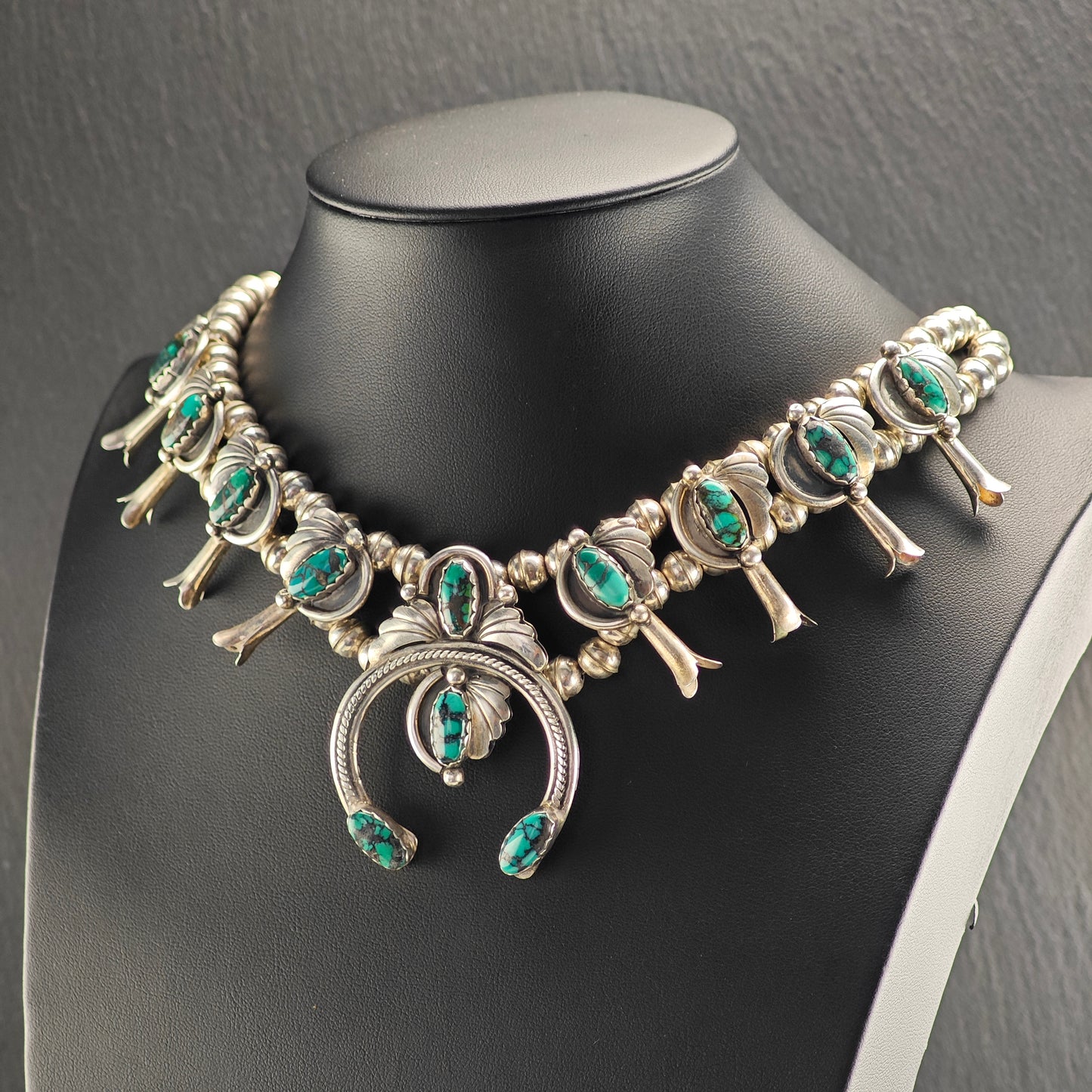 Vintage Native American, Turquoise, Floral, Sterling Silver Squash Blossom Necklace  N2694