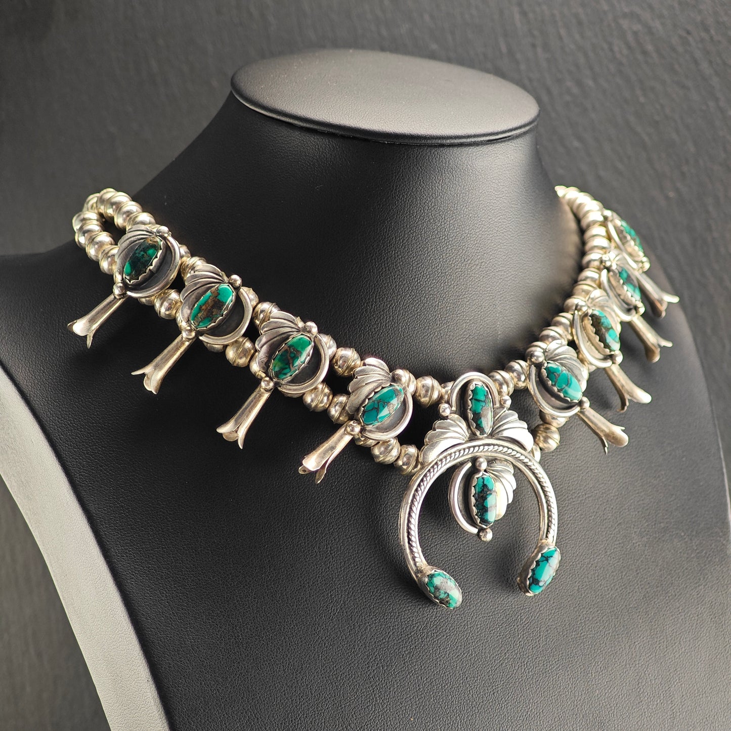 Vintage Native American, Turquoise, Floral, Sterling Silver Squash Blossom Necklace  N2694