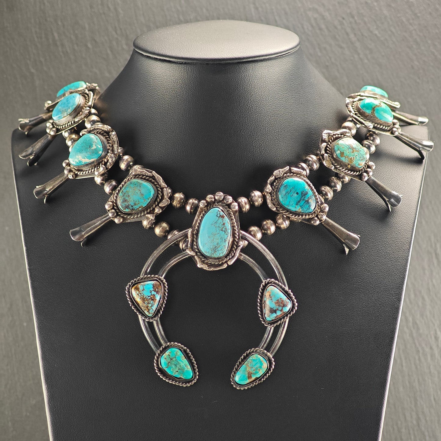 Vintage Sw Turquoise, Sterling Silver Squash Blossom Necklace  N2695