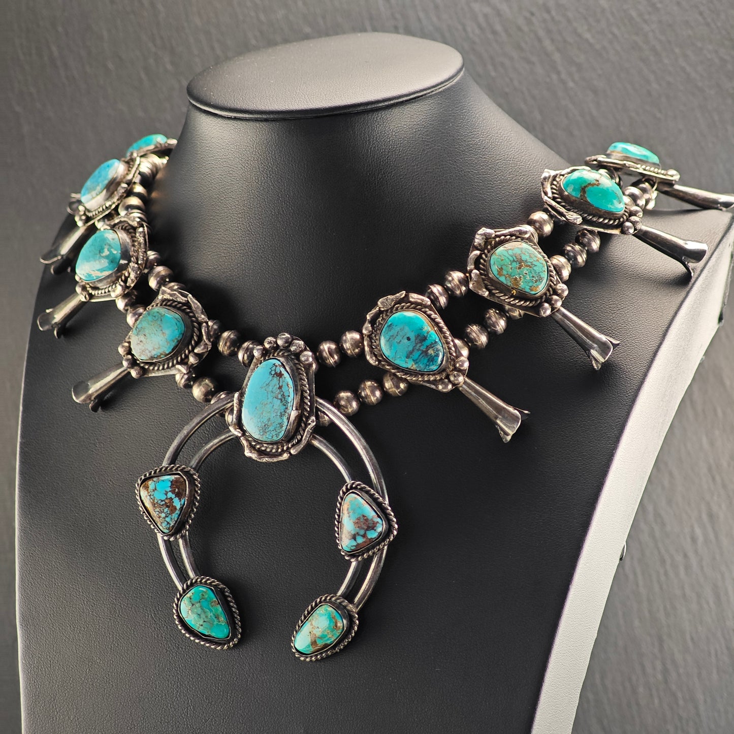 Vintage Sw Turquoise, Sterling Silver Squash Blossom Necklace  N2695
