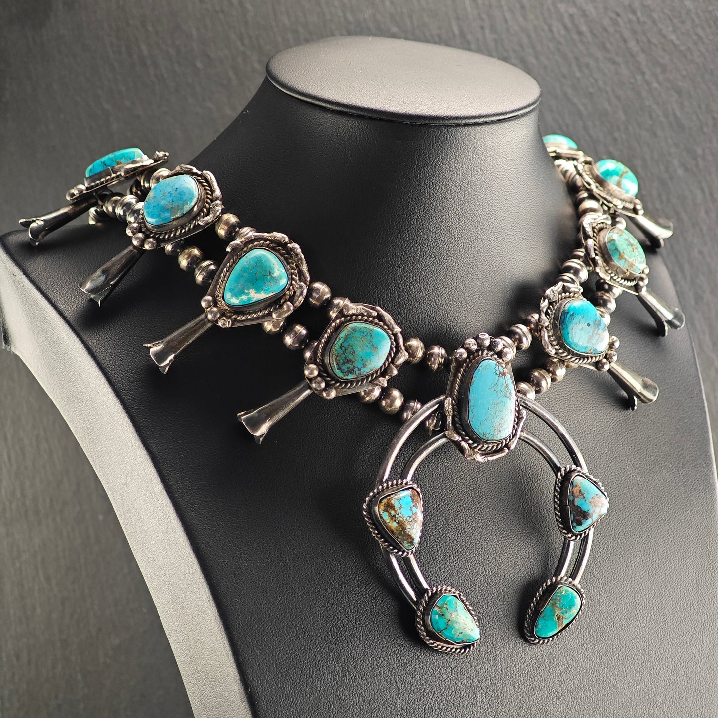 Vintage Sw Turquoise, Sterling Silver Squash Blossom Necklace  N2695