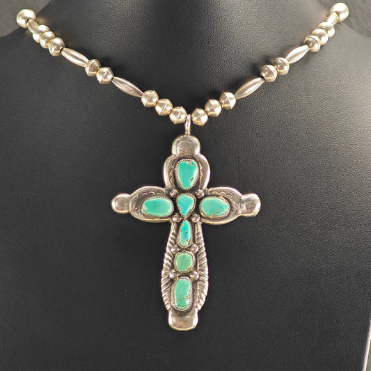 Vintage Zuni, Native American Sterling Silver Turquoise Cross, Beaded Necklace N2696