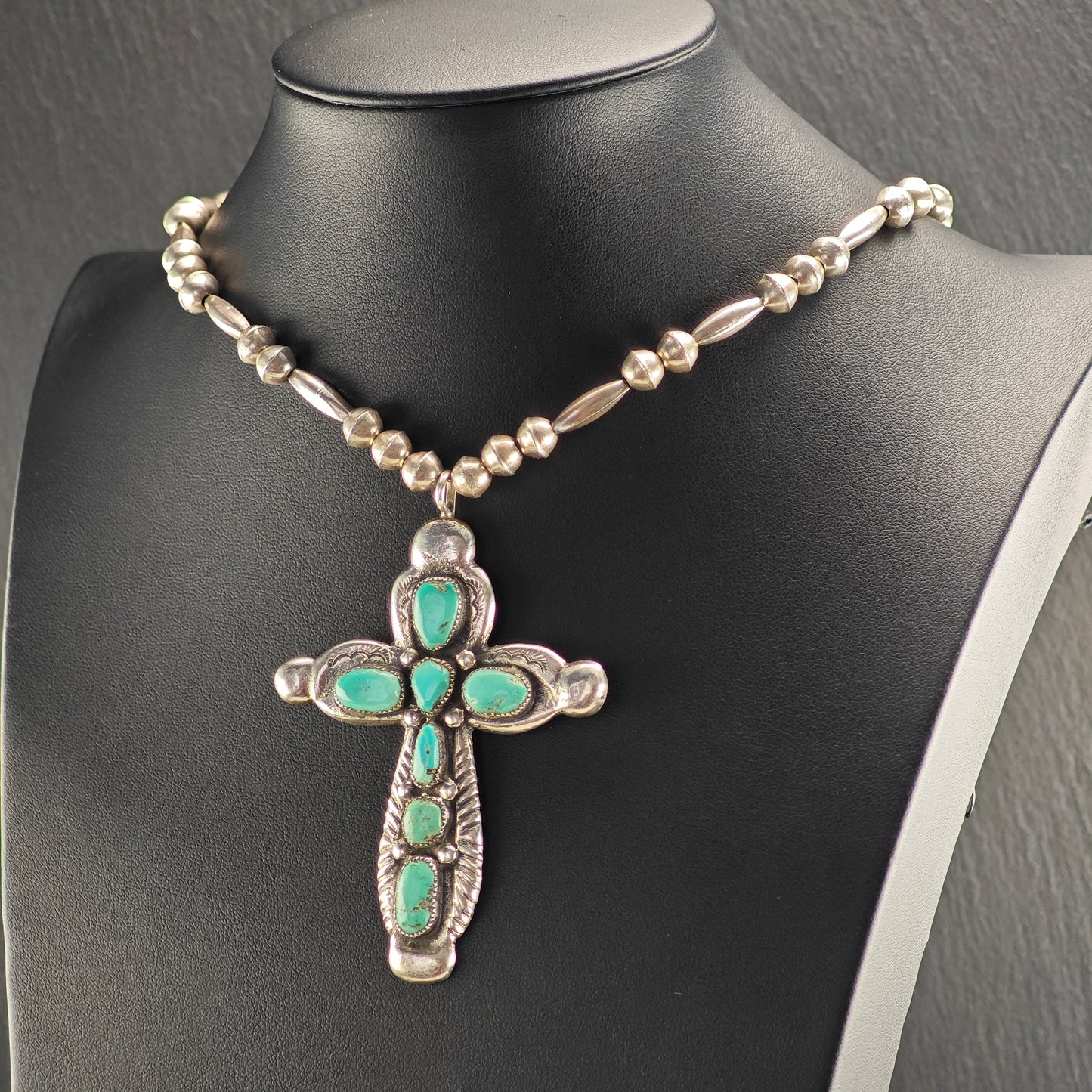 Vintage Zuni, Native American Sterling Silver Turquoise Cross, Beaded Necklace N2696