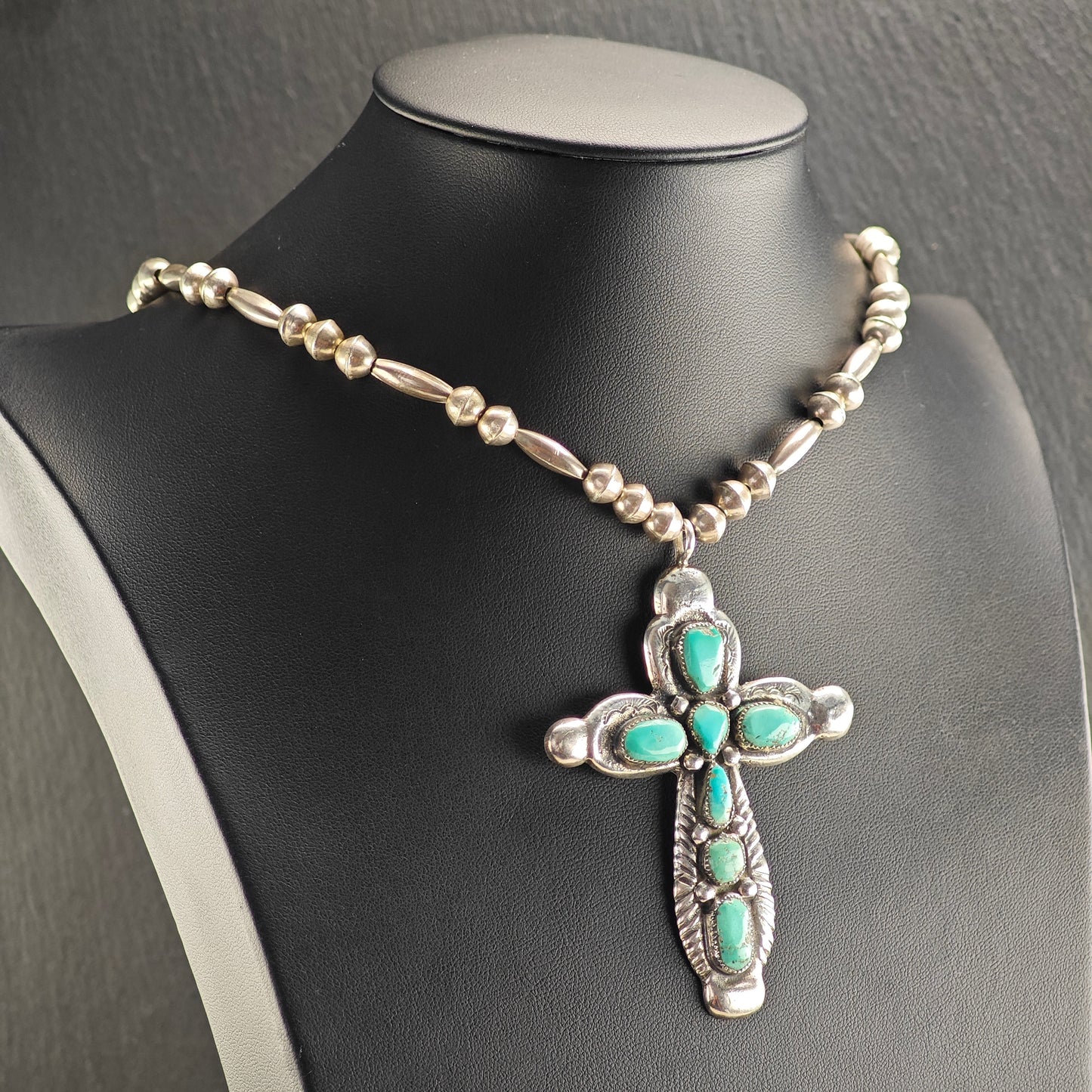 Vintage Zuni, Native American Sterling Silver Turquoise Cross, Beaded Necklace N2696
