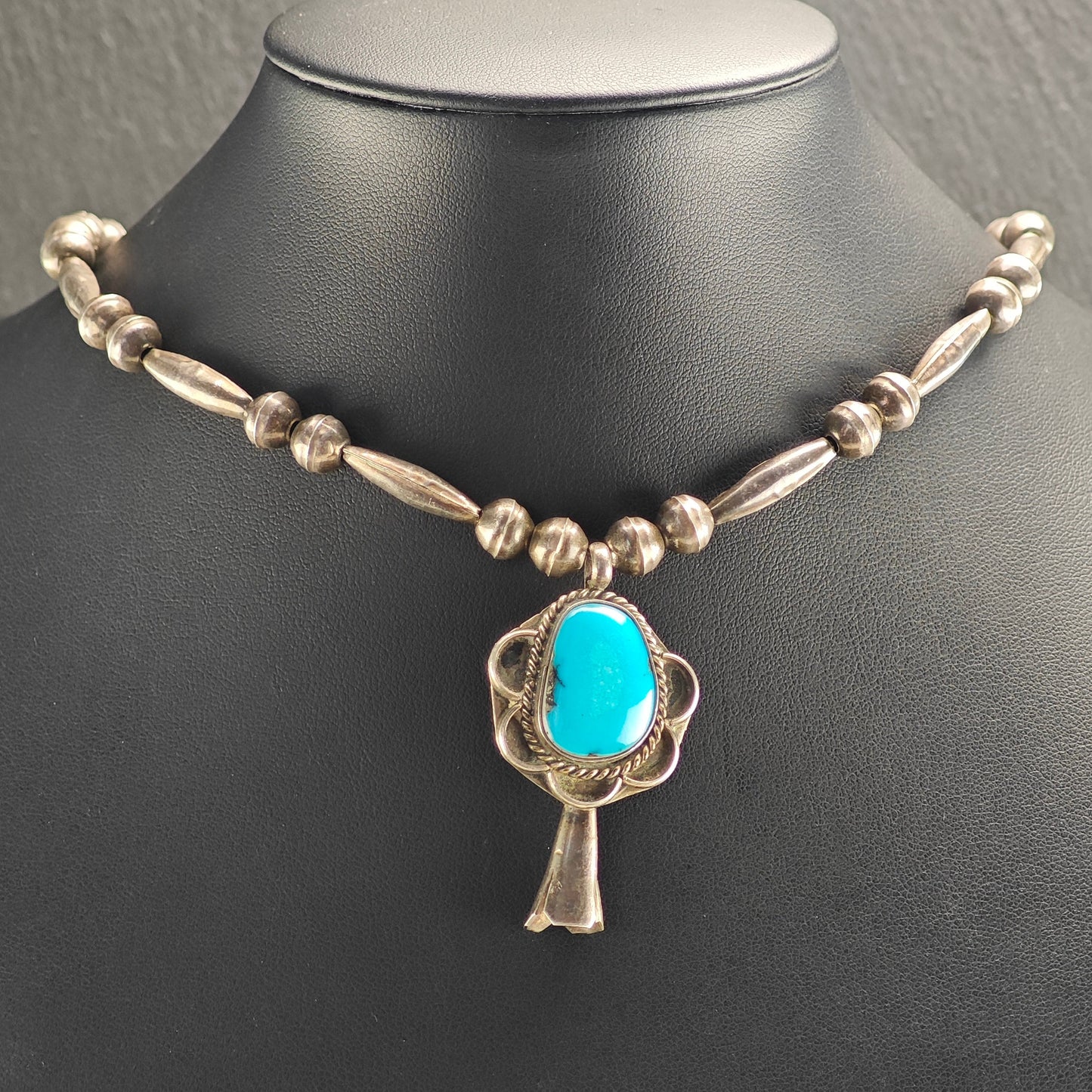 Vintage Native American, Sterling Silver Turquoise, Blossom Pendant, Beaded Necklace N2670