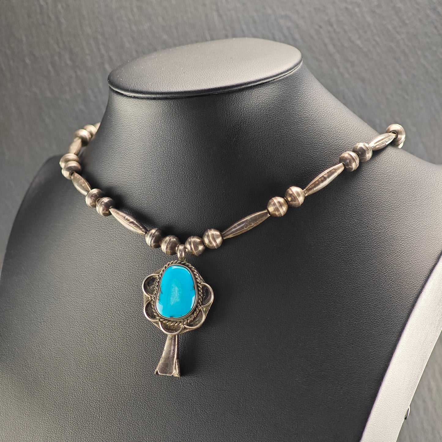 Vintage Native American, Sterling Silver Turquoise, Blossom Pendant, Beaded Necklace N2670