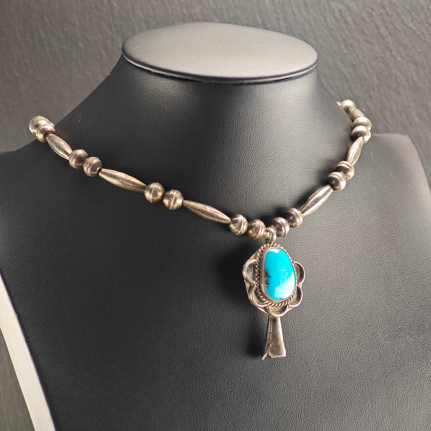 Vintage Native American, Sterling Silver Turquoise, Blossom Pendant, Beaded Necklace N2670