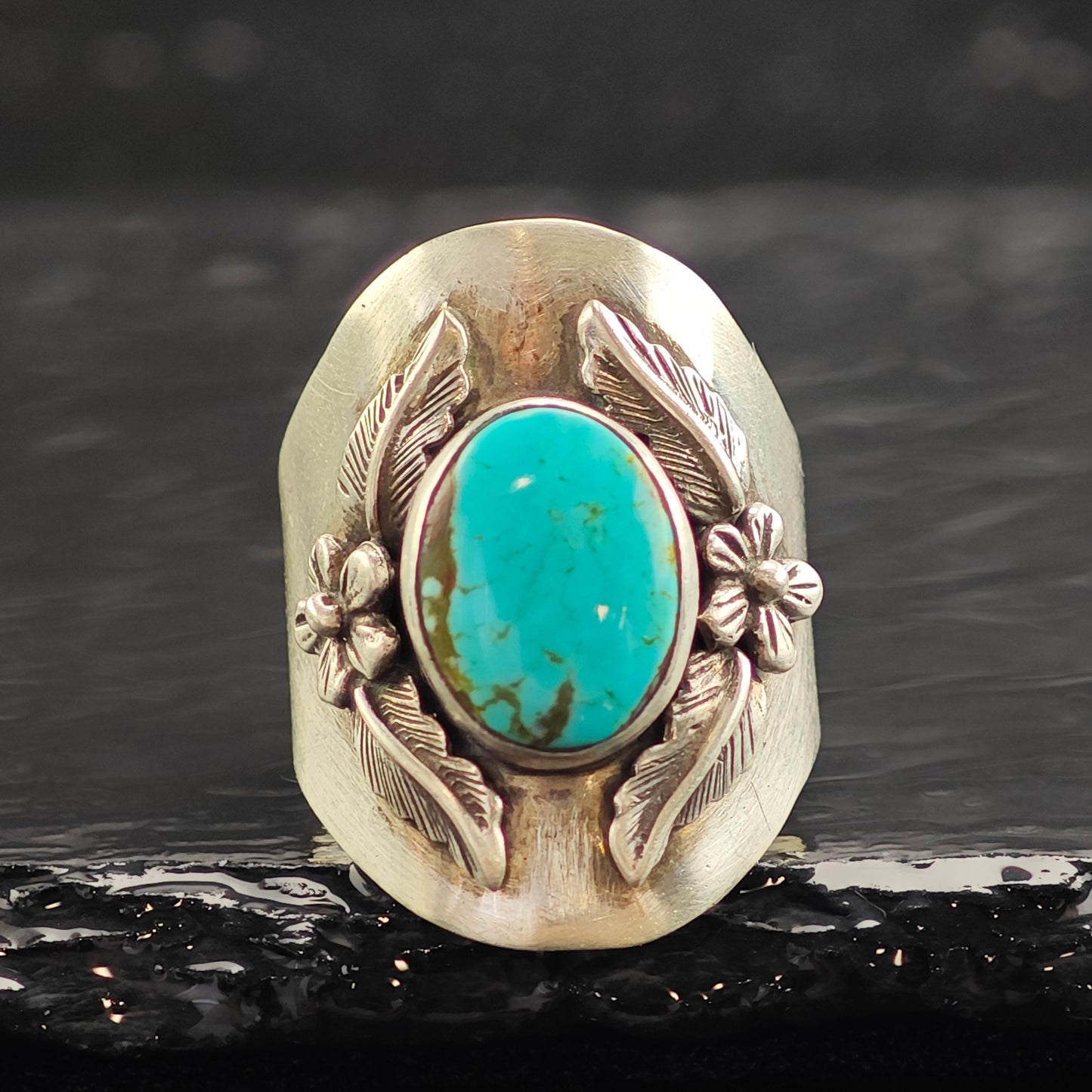 Carol Felley Turquoise Floral Silver Ring Sz 8 1/4 R6472
