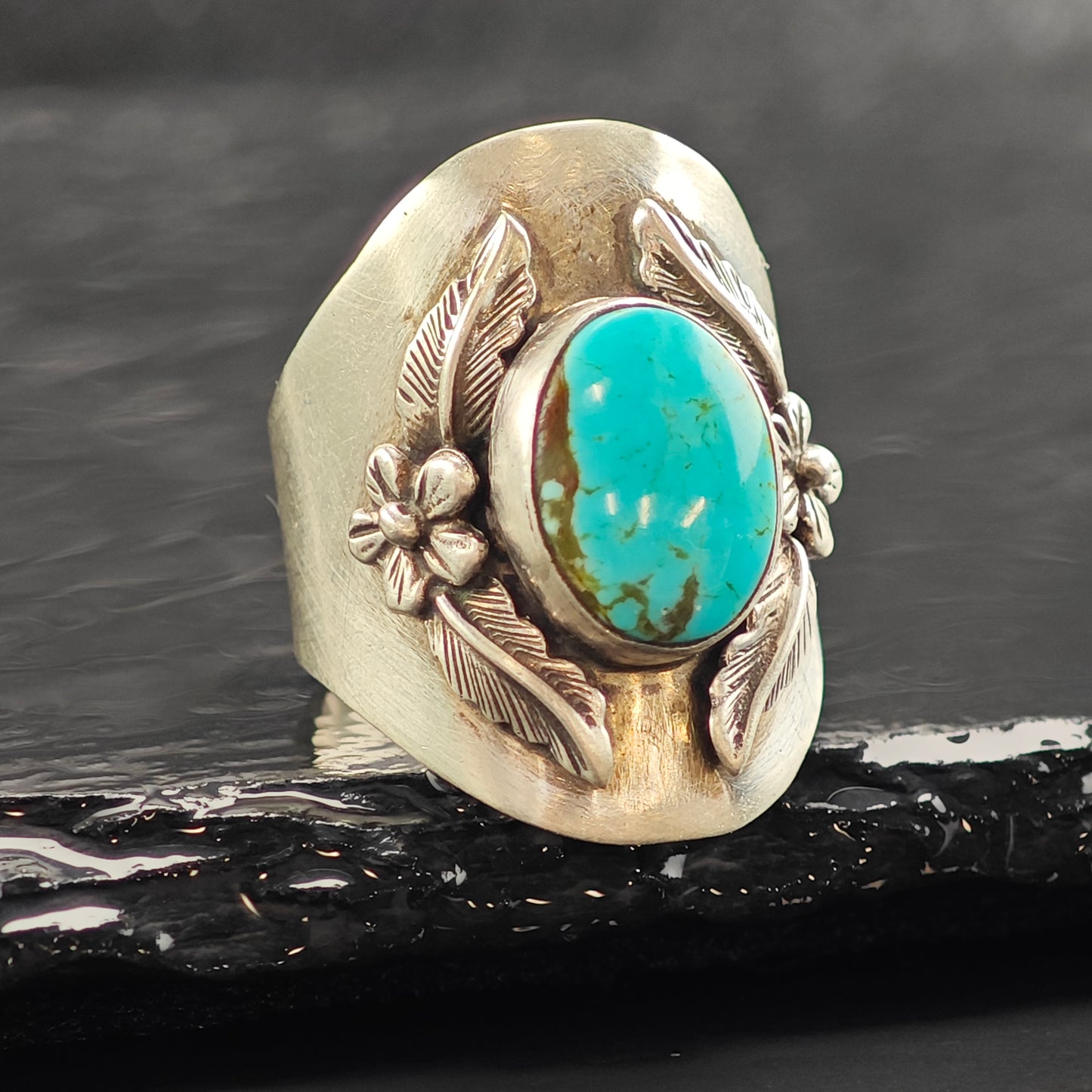 Carol Felley Turquoise Floral Silver Ring Sz 8 1/4 R6472