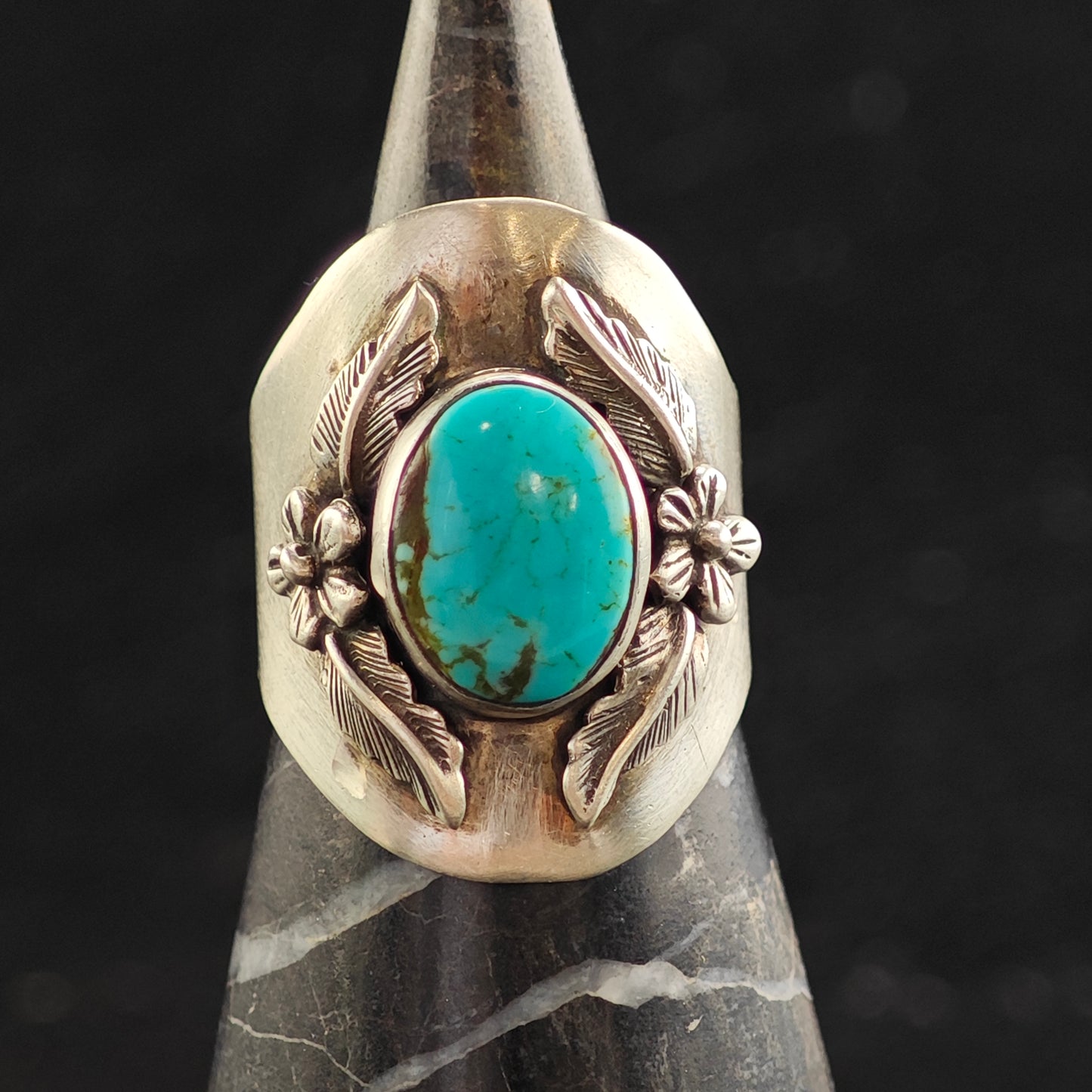 Carol Felley Turquoise Floral Silver Ring Sz 8 1/4 R6472
