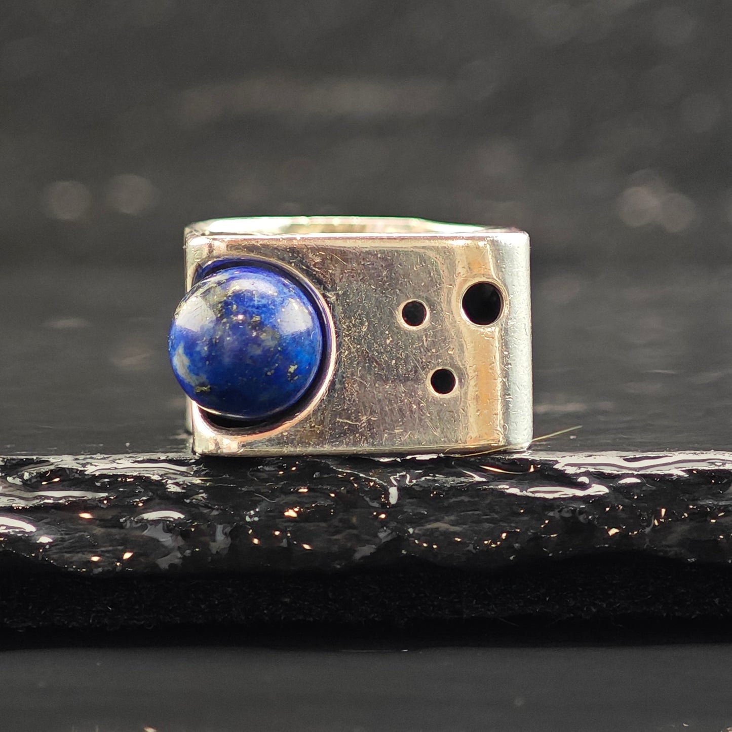 Abstract Lapis Planet and Stars Sterling Silver Ring Sz 5 R6473