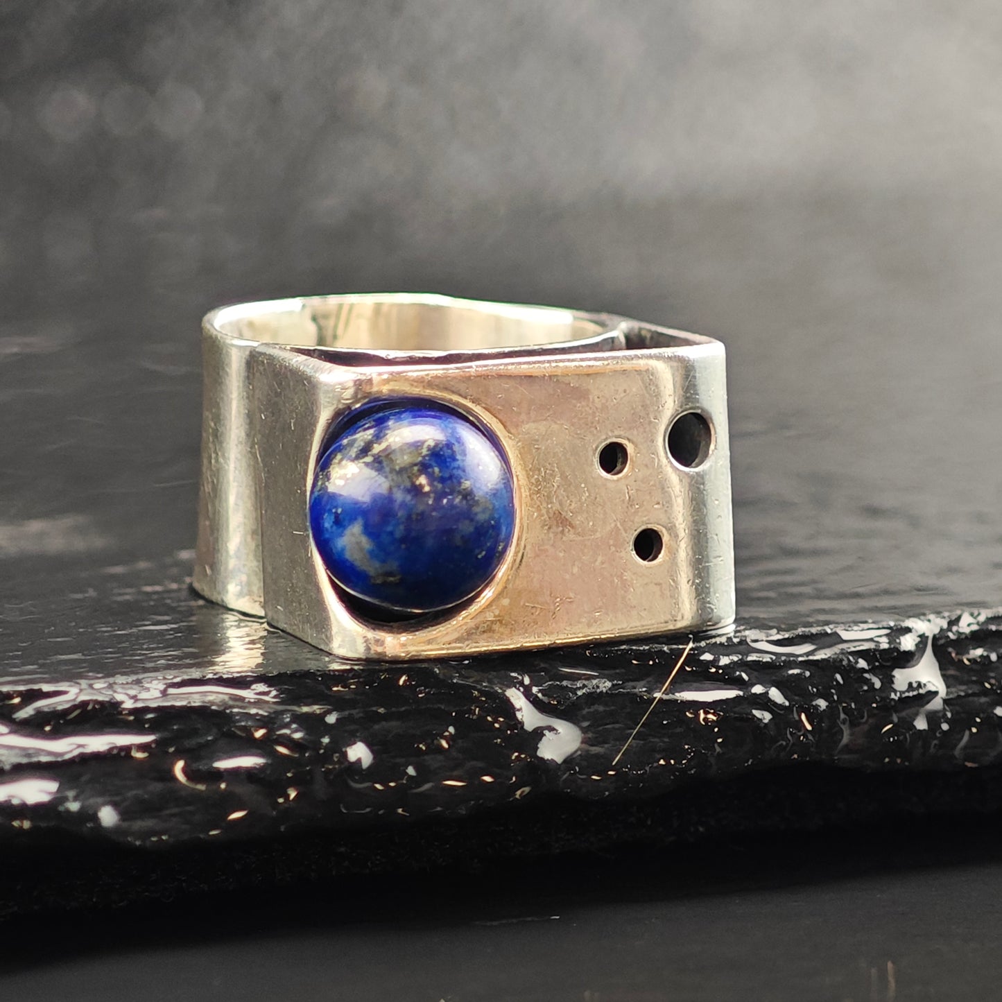 Abstract Lapis Planet and Stars Sterling Silver Ring Sz 5 R6473
