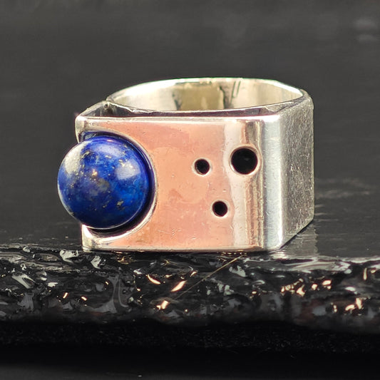 Abstract Lapis Planet and Stars Sterling Silver Ring Sz 5 R6473