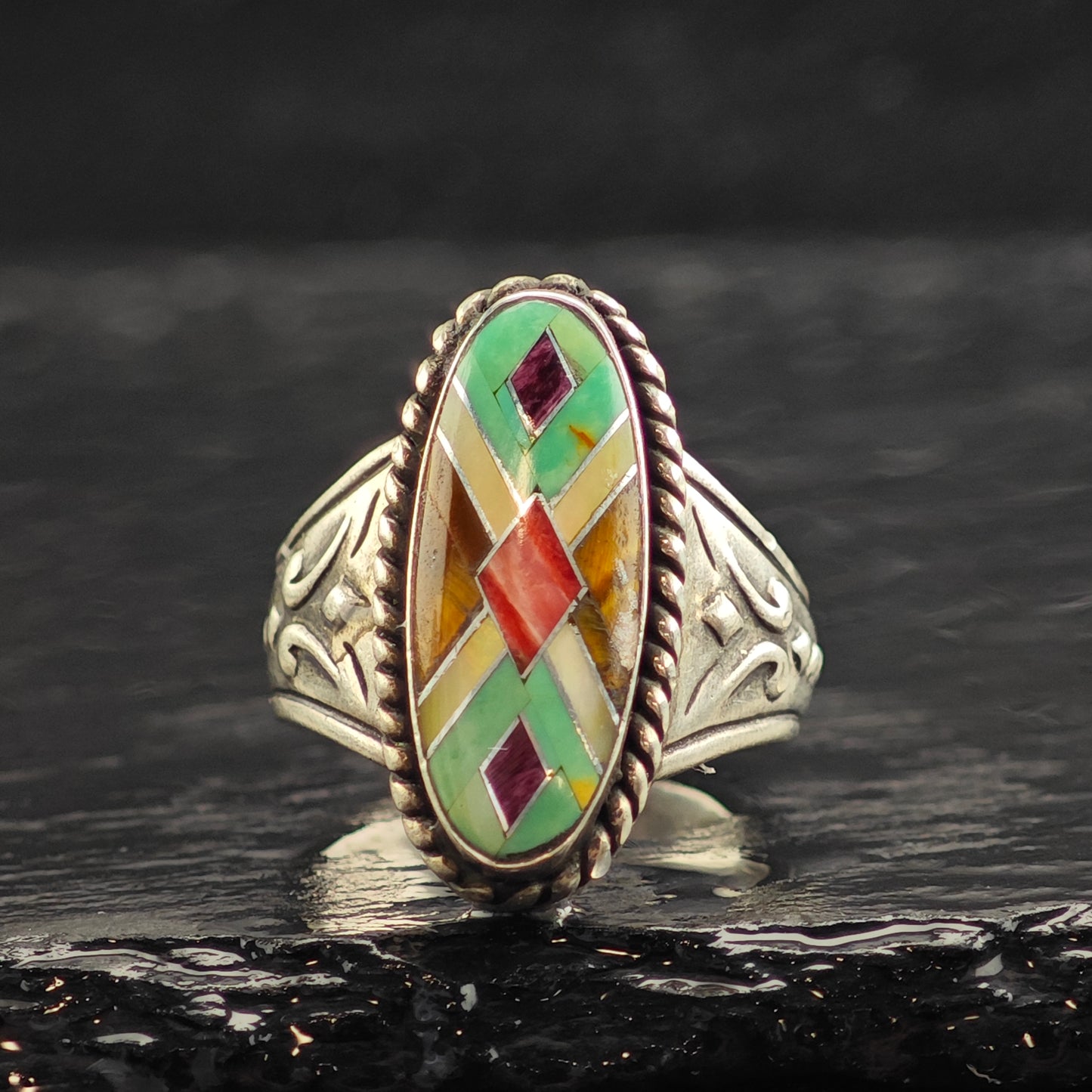 Relios Inlay Stamped Sterling Silver Ring Sz 8 R6475