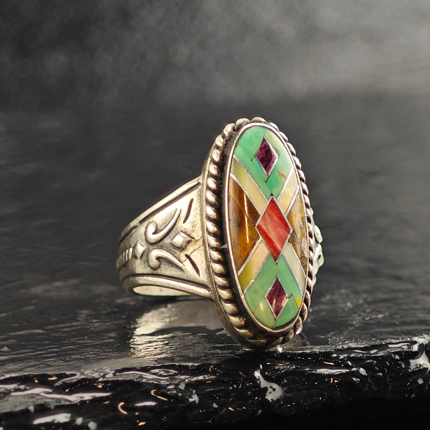Relios Inlay Stamped Sterling Silver Ring Sz 8 R6475