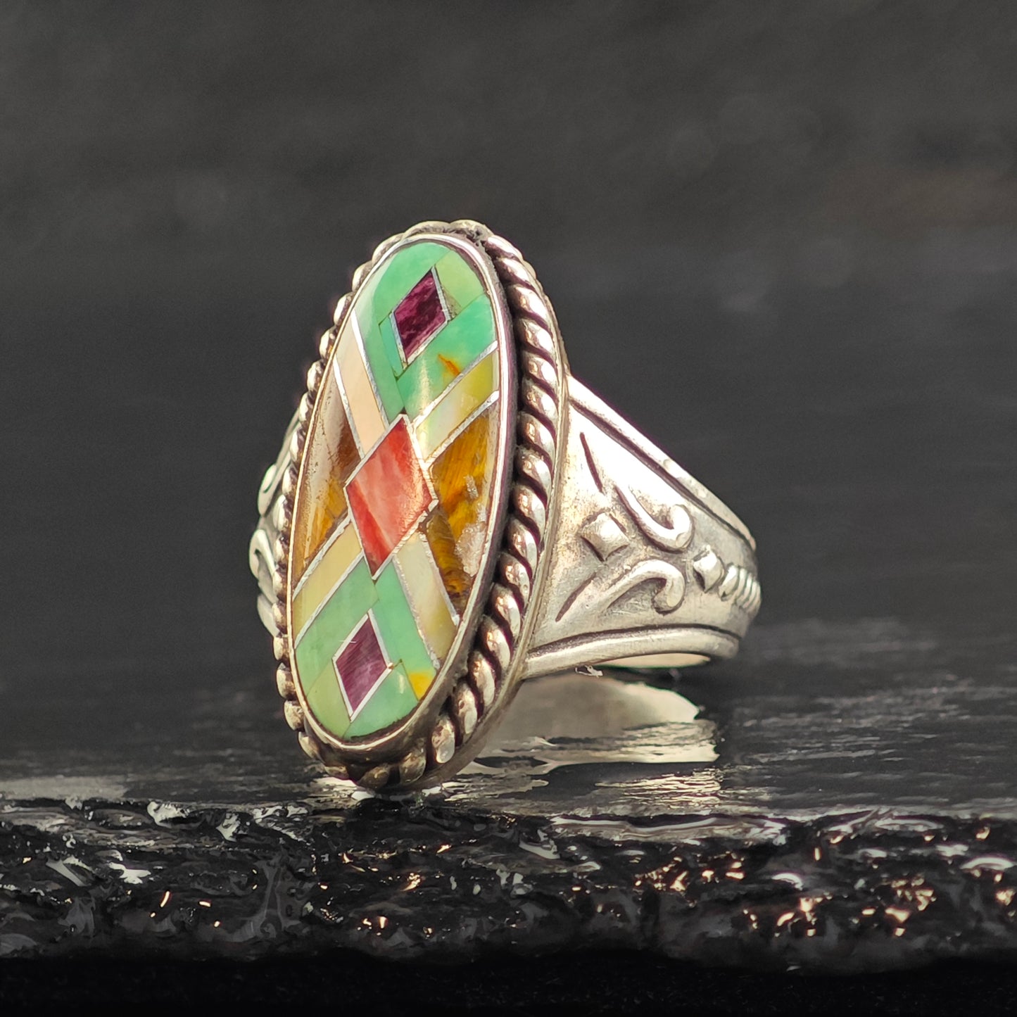 Relios Inlay Stamped Sterling Silver Ring Sz 8 R6475