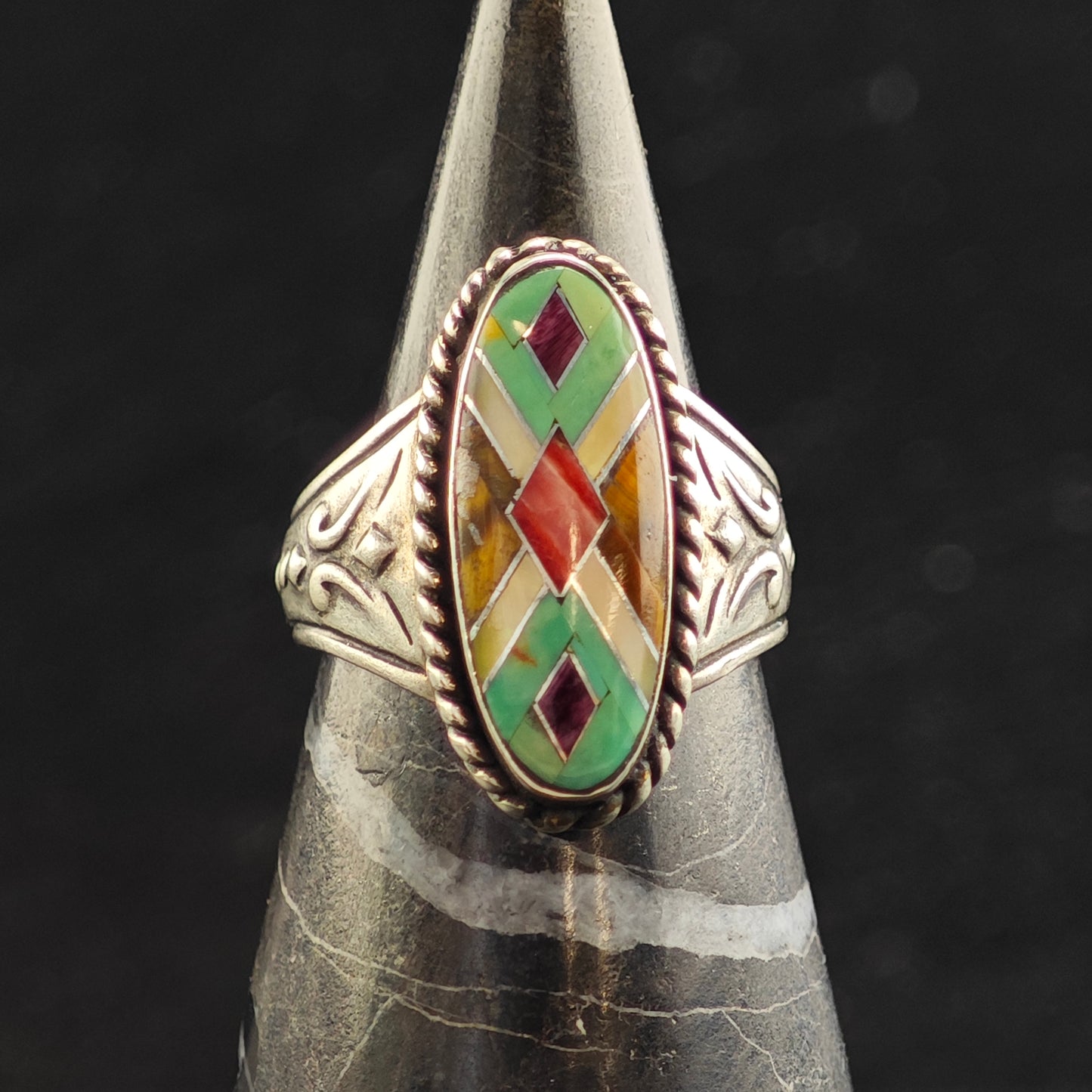 Relios Inlay Stamped Sterling Silver Ring Sz 8 R6475