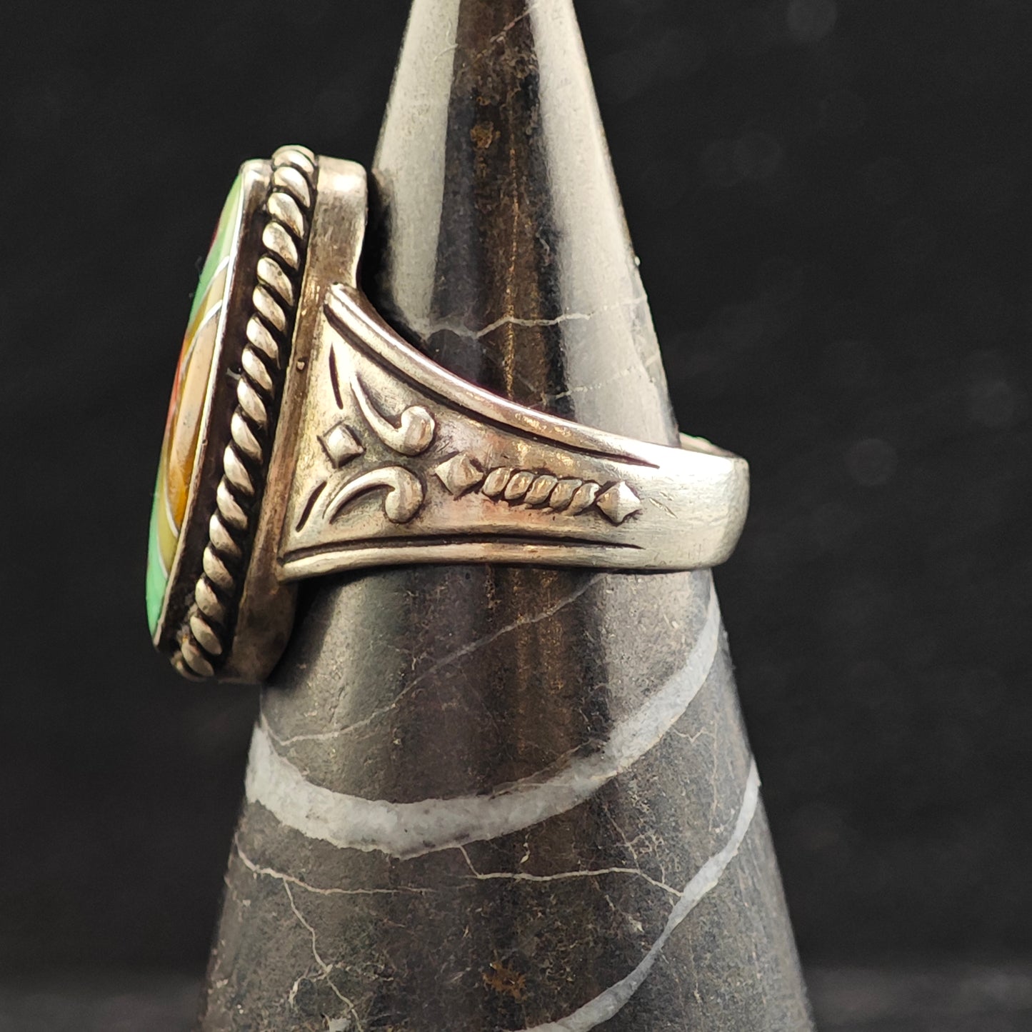 Relios Inlay Stamped Sterling Silver Ring Sz 8 R6475
