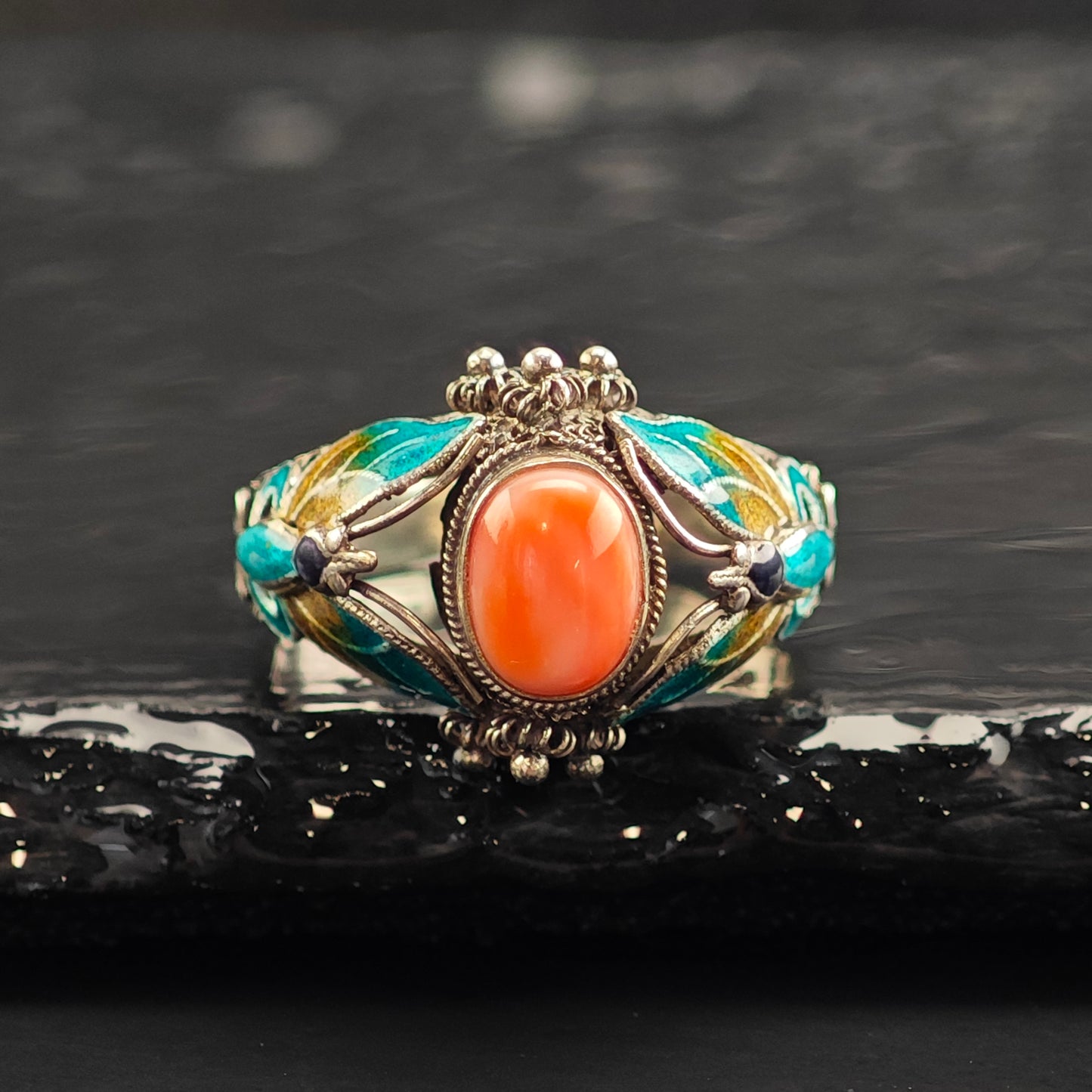 Enamel Butterfly Coral Sterling Silver Ring Sz 10 R6476