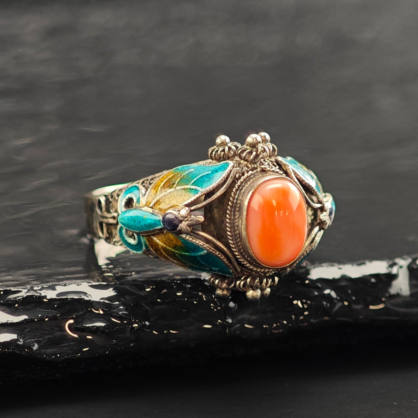 Enamel Butterfly Coral Sterling Silver Ring Sz 10 R6476
