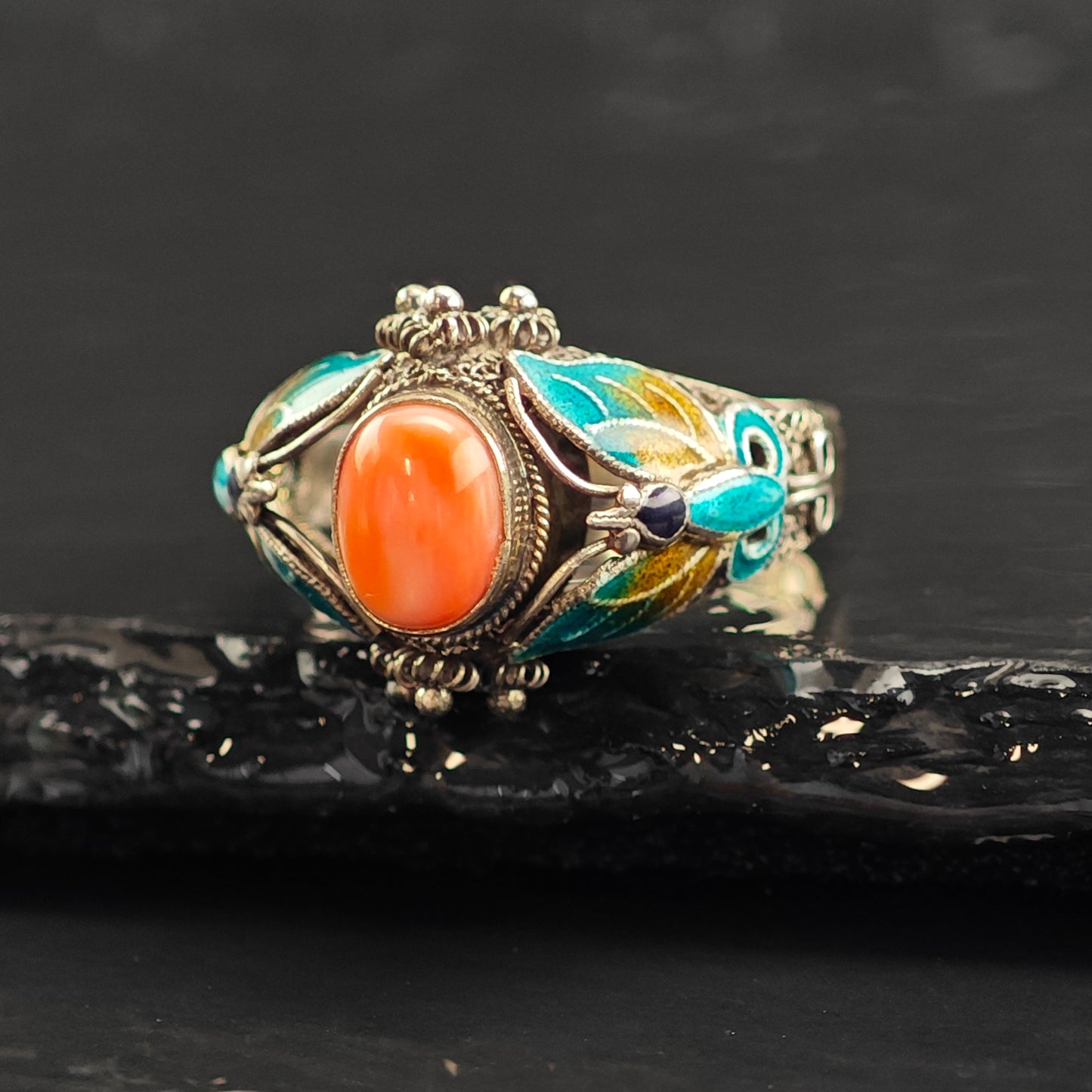 Enamel Butterfly Coral Sterling Silver Ring Sz 10 R6476