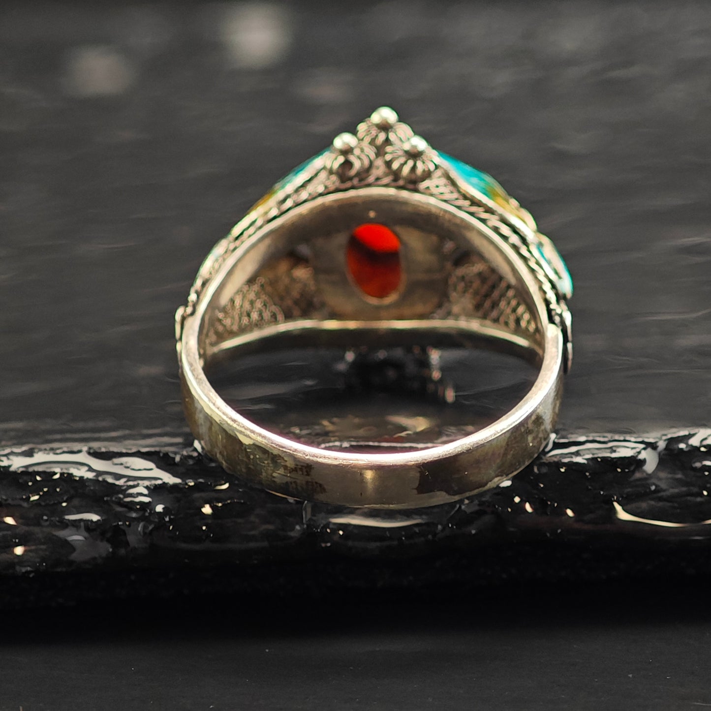 Enamel Butterfly Coral Sterling Silver Ring Sz 10 R6476