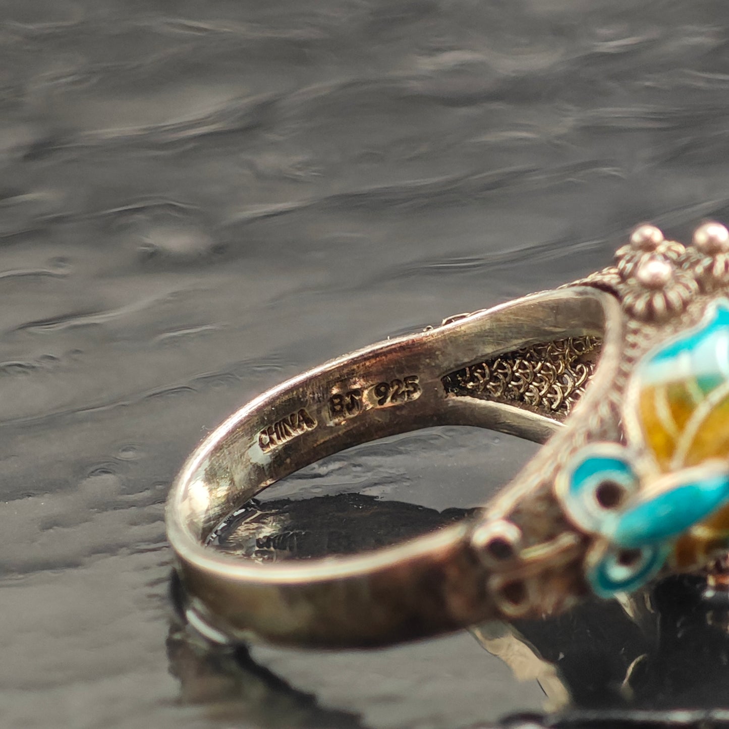 Enamel Butterfly Coral Sterling Silver Ring Sz 10 R6476