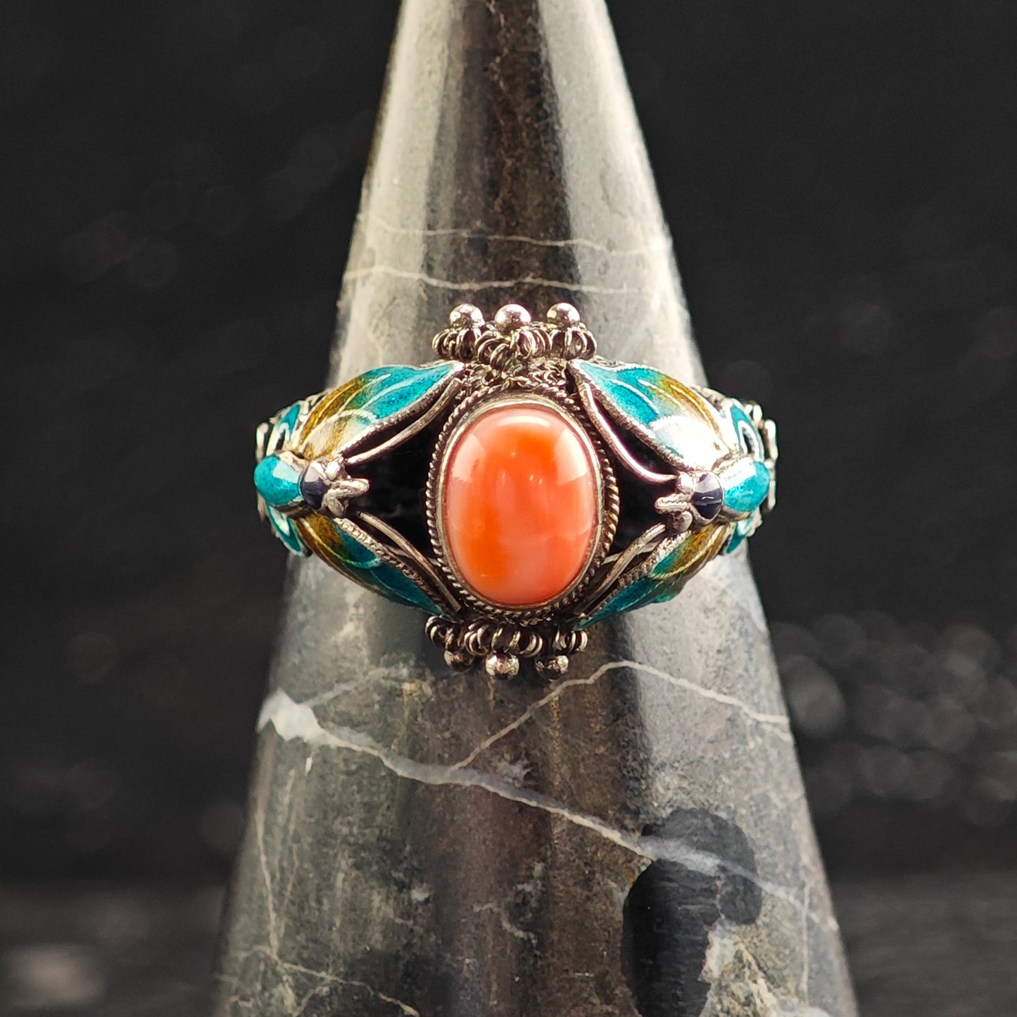 Enamel Butterfly Coral Sterling Silver Ring Sz 10 R6476