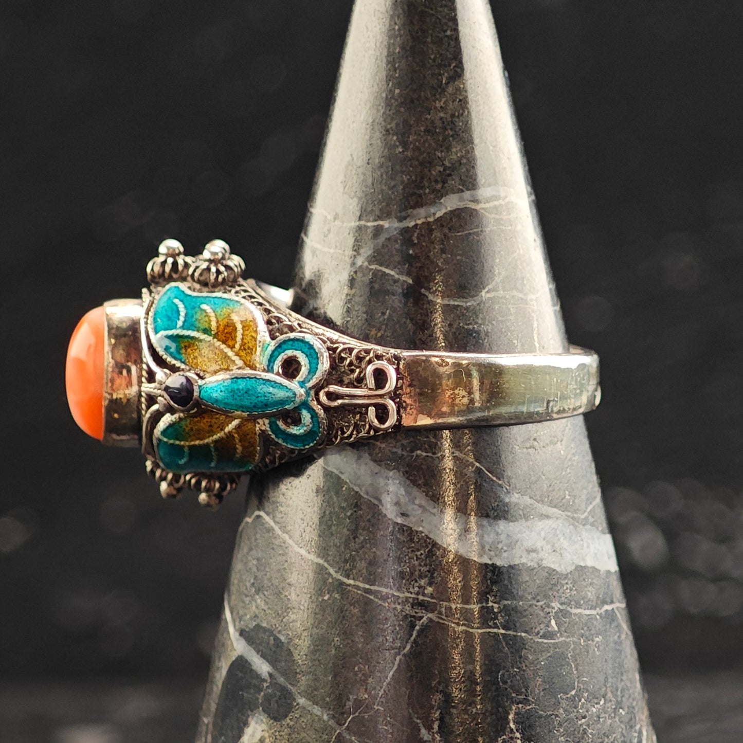Enamel Butterfly Coral Sterling Silver Ring Sz 10 R6476