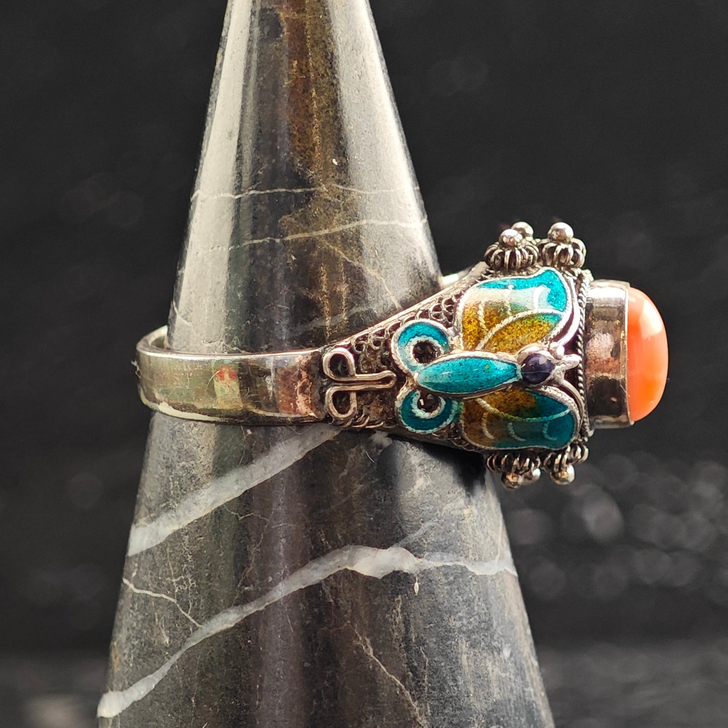 Enamel Butterfly Coral Sterling Silver Ring Sz 10 R6476