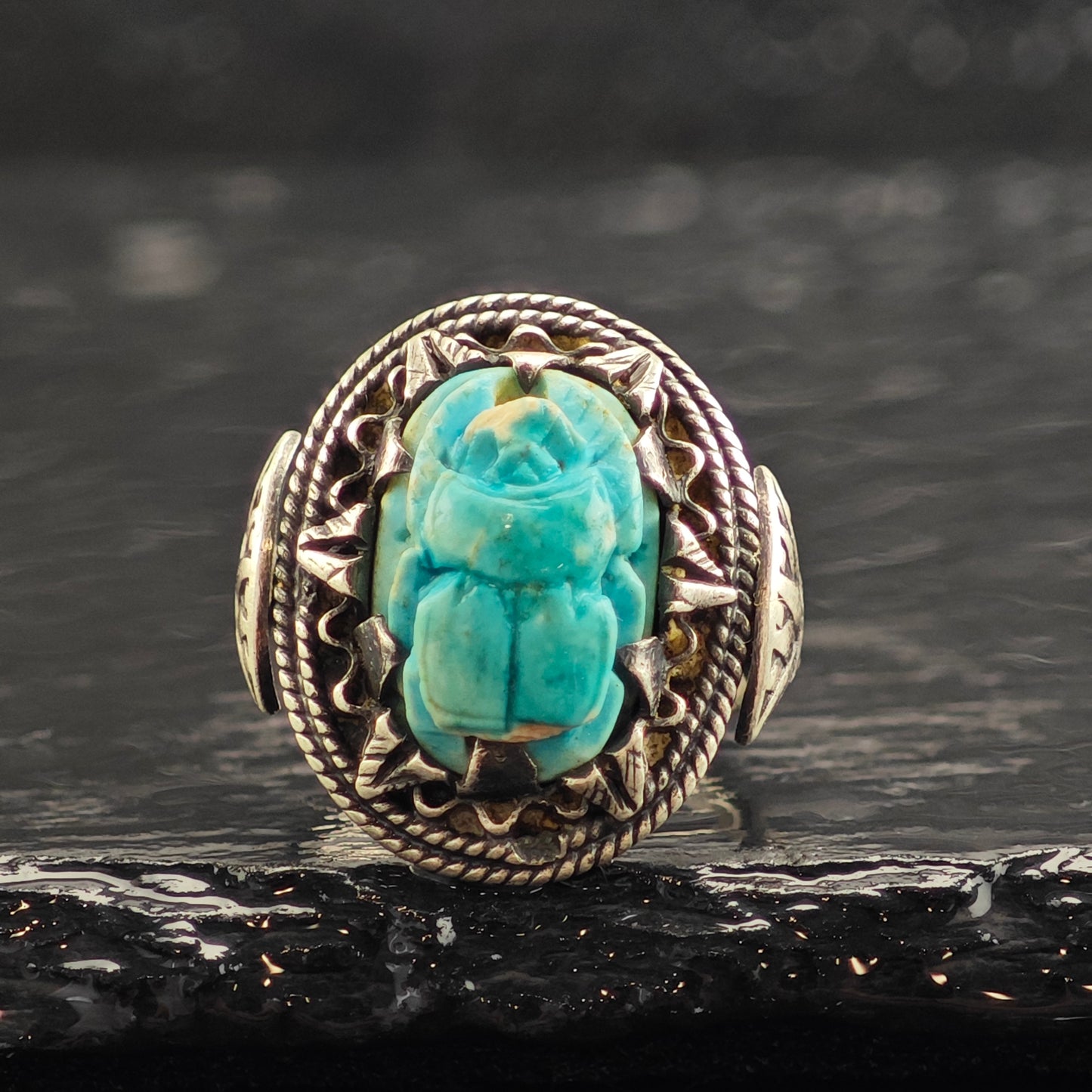 Egyptian Turquoise Color Scarab Sterling Silver Ring Sz 5 1/2 R6477