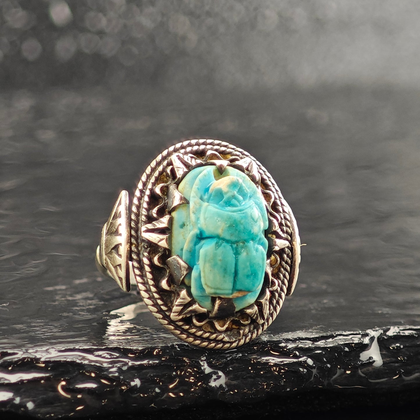 Egyptian Turquoise Color Scarab Sterling Silver Ring Sz 5 1/2 R6477