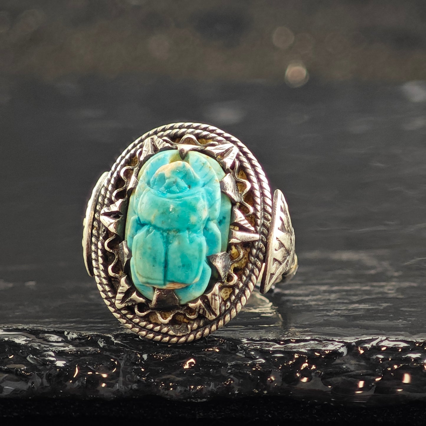 Egyptian Turquoise Color Scarab Sterling Silver Ring Sz 5 1/2 R6477