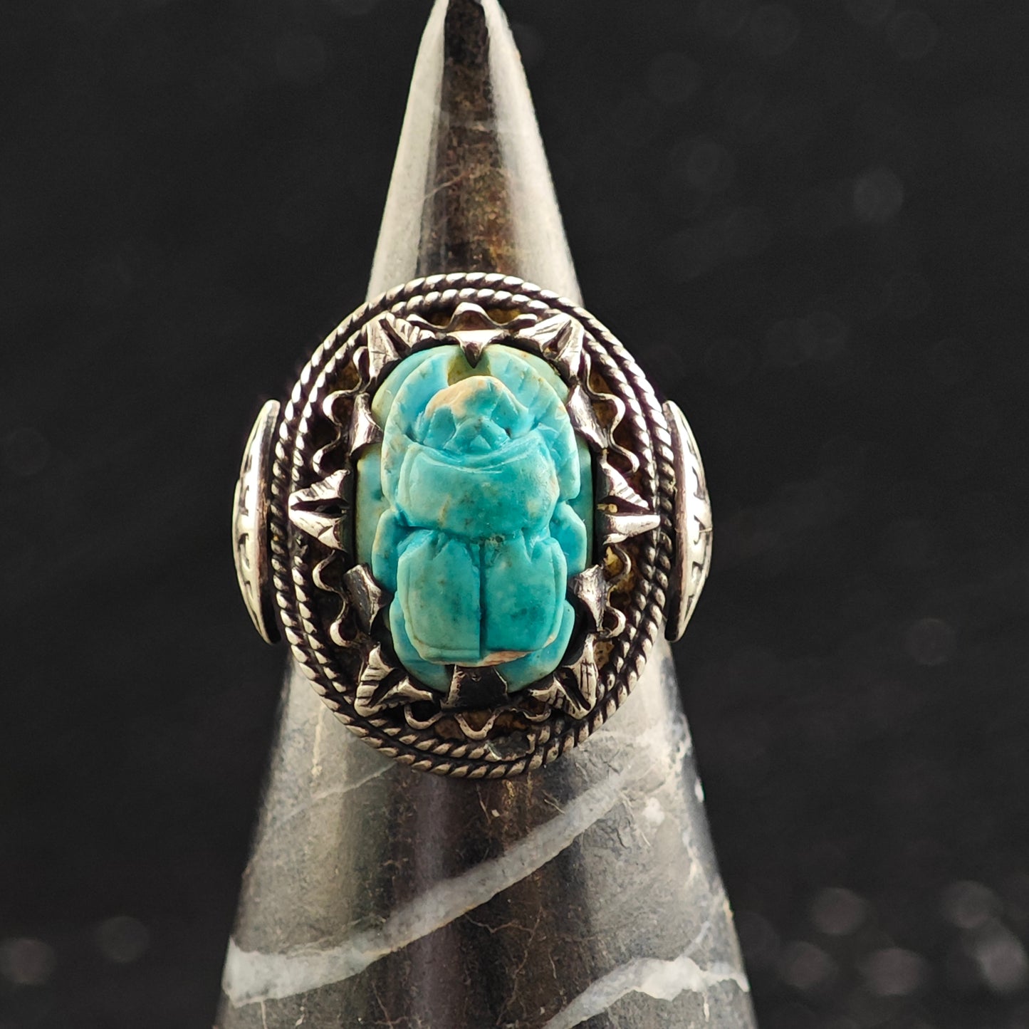 Egyptian Turquoise Color Scarab Sterling Silver Ring Sz 5 1/2 R6477