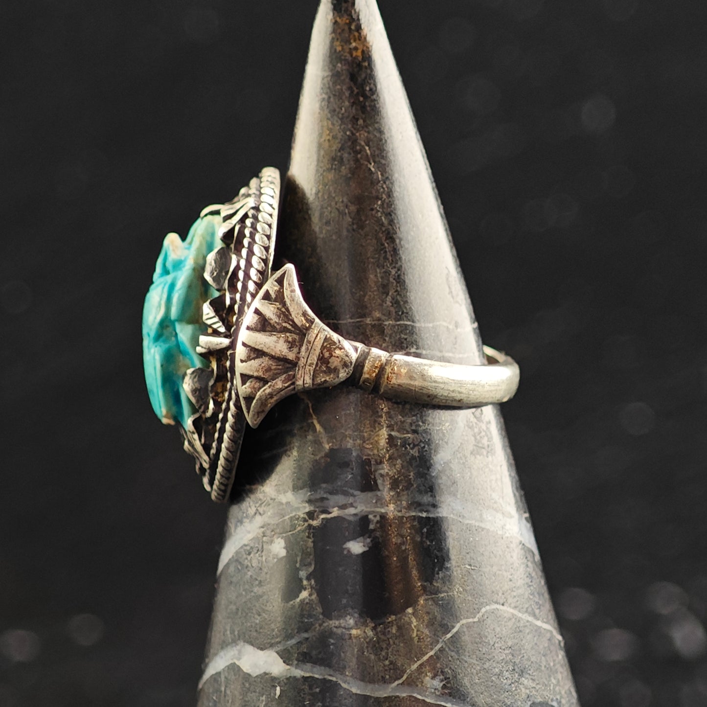 Egyptian Turquoise Color Scarab Sterling Silver Ring Sz 5 1/2 R6477