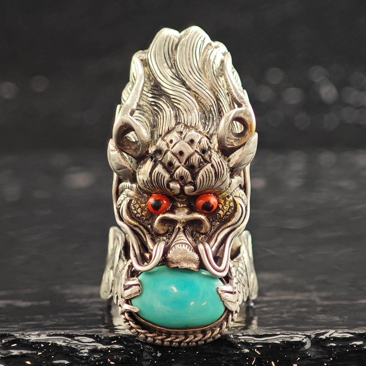 Chinese Qilin Dragon Turquoise & Coral Sterling Silver Ring Sz 8 R6478