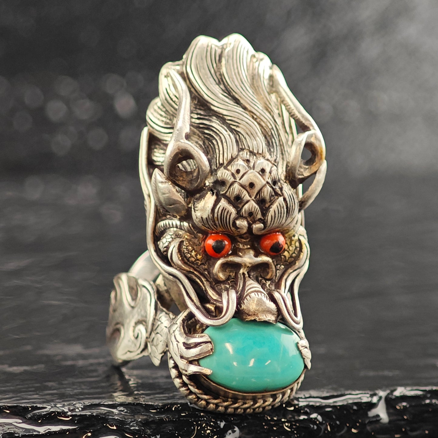 Chinese Qilin Dragon Turquoise & Coral Sterling Silver Ring Sz 8 R6478