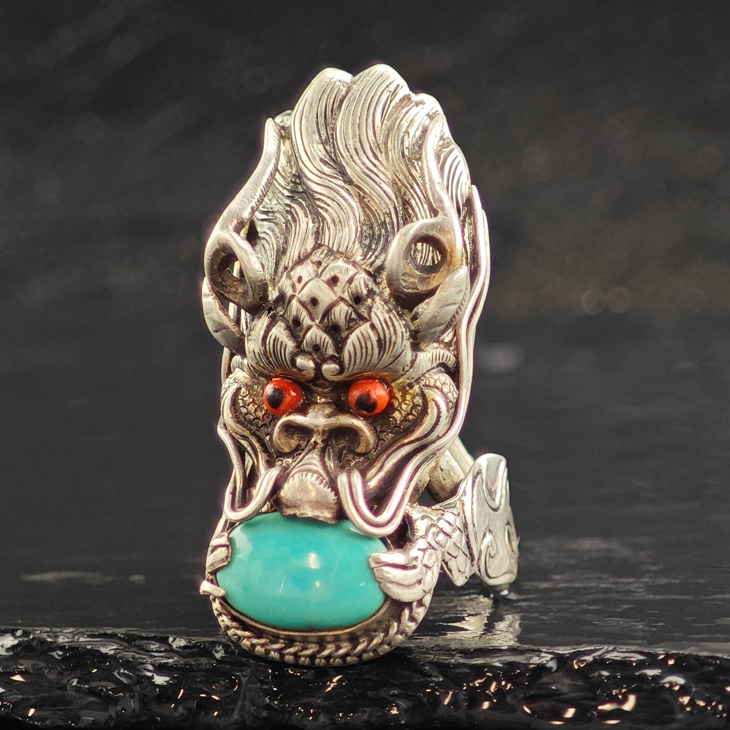 Chinese Qilin Dragon Turquoise & Coral Sterling Silver Ring Sz 8 R6478